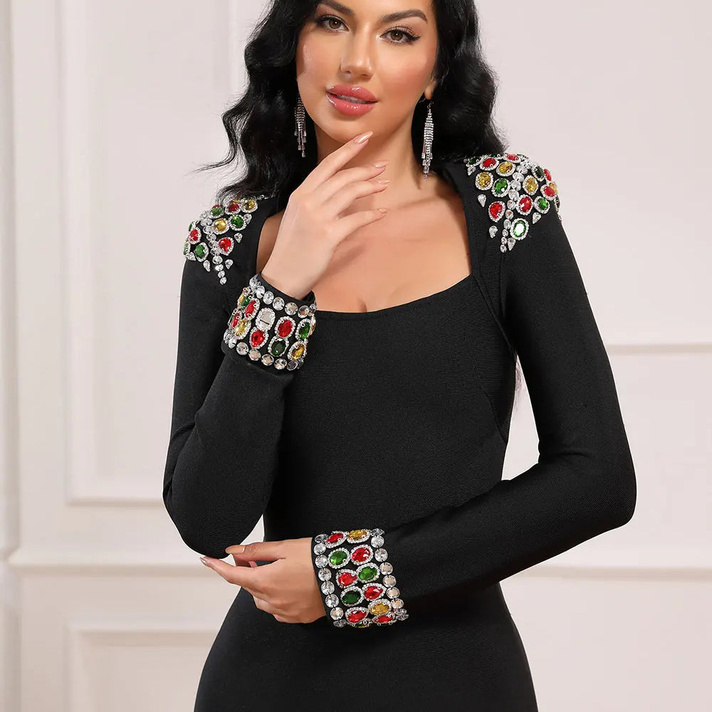 2025 Elegant Women's Light Luxury Nail Bead Bandage Dresses Square Neck Long Sleeve Bodycon Long Dress Evening Party Vestidos