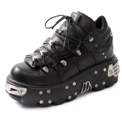 2025 Women Ankle Boots for Woman's Thick Bottom Lace-Up Metal Decoration Round Toe Platform Shoes Ladeis Punk Gothic Sneakers black Rivet