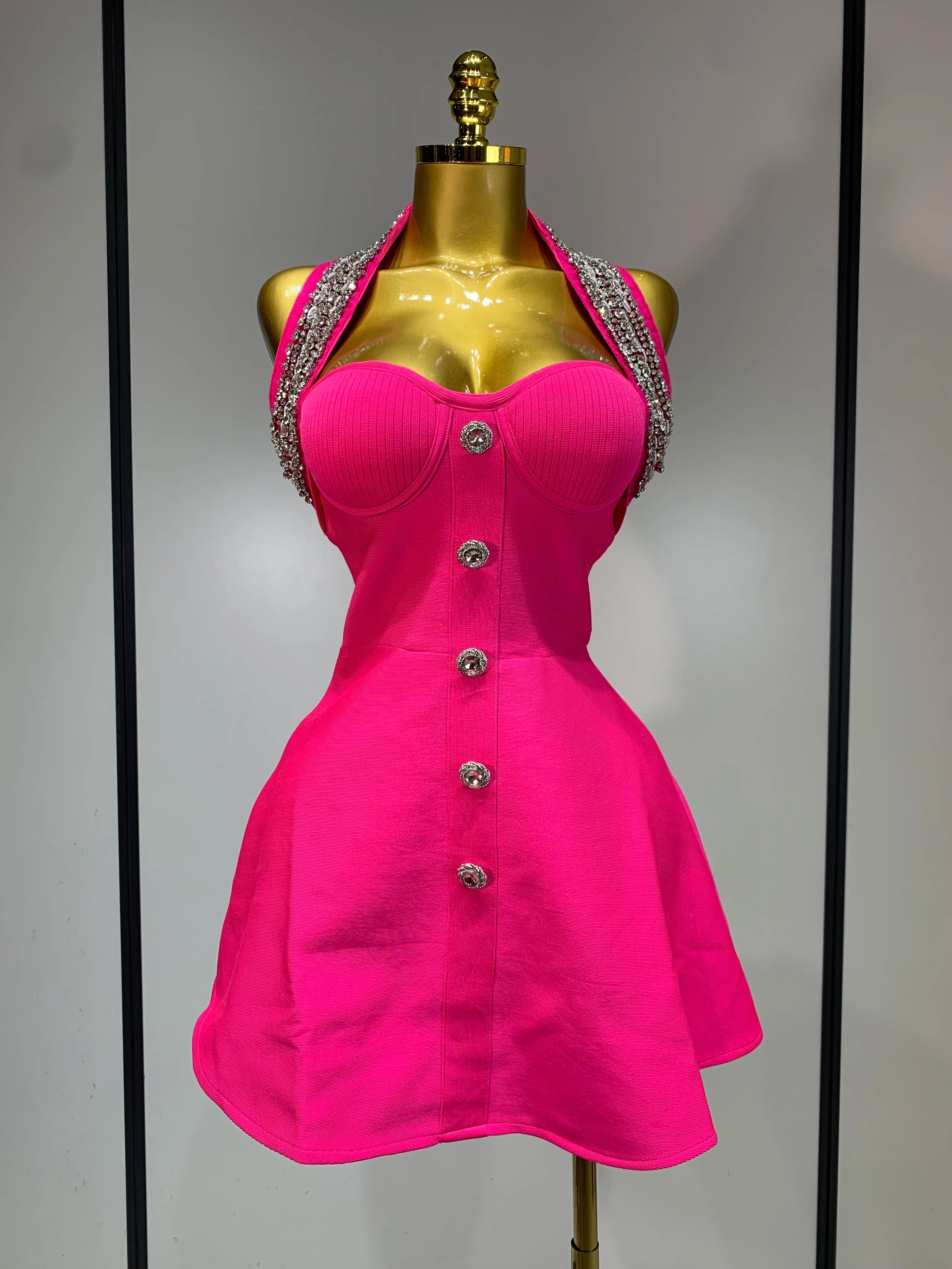 Fashion Women Luxury Party Dress Halter Sleeveless Backless Sparkly Rhinestone Bandage Dresses 2025 Elegant Evening Club Wear Rose Red