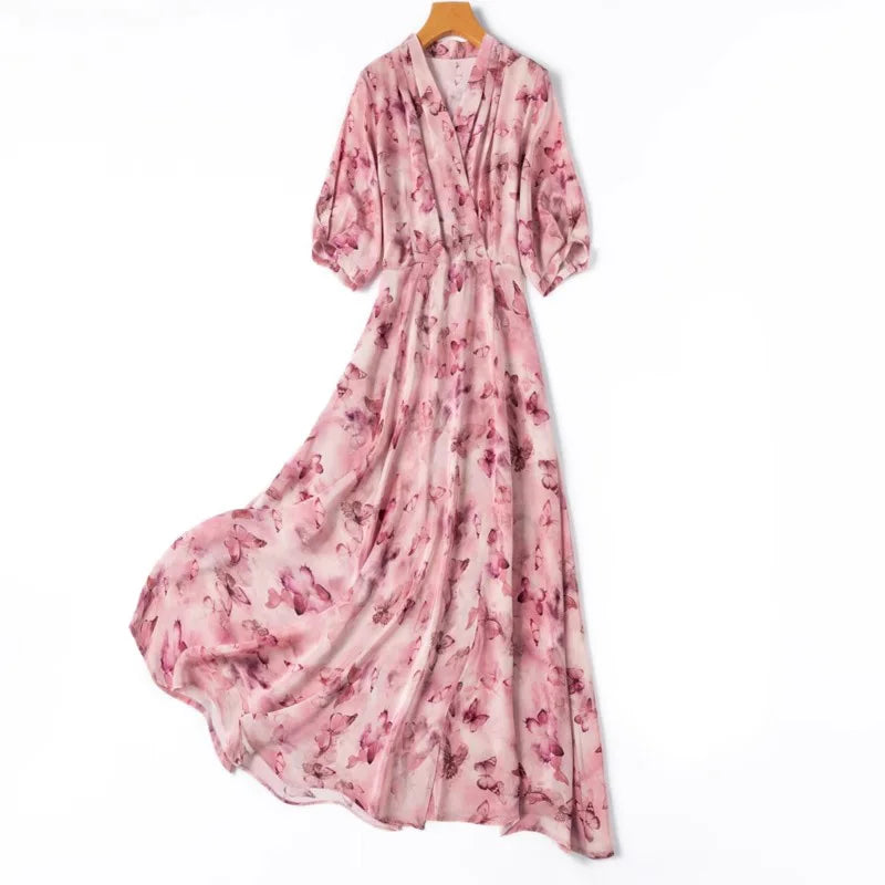 French Artistic Pink Purple Butterfly Printing 1.2-meter Extended Large Skirt Hem 100% Natural Mulberry Silk Women's Dress Print