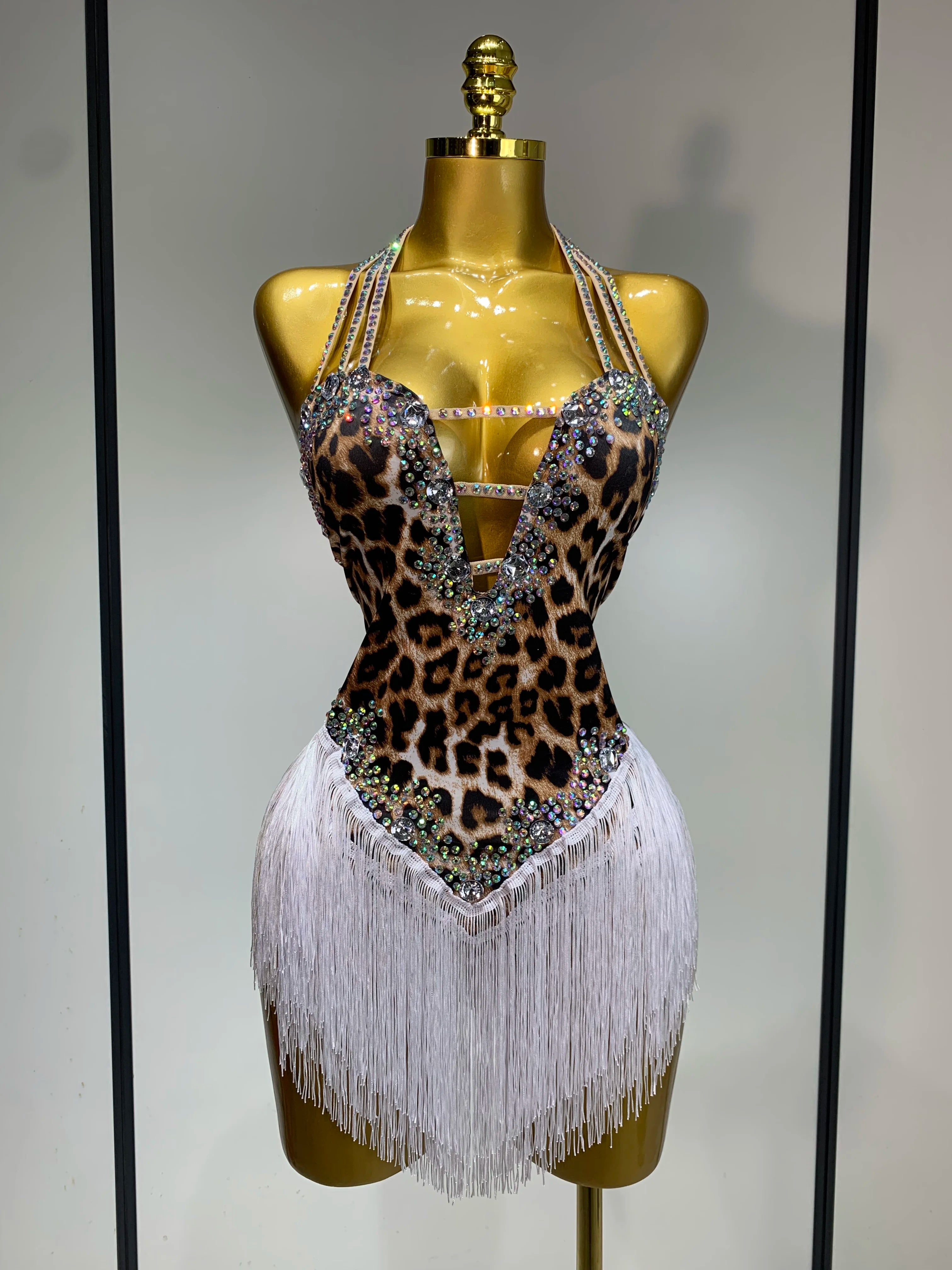 Sexy Backless Sparkly Rhinestones Tassel Leopard Print Bodysuit Performance Dance Costume Singer Dancer Stage Wear Club Outfit Dark Brown