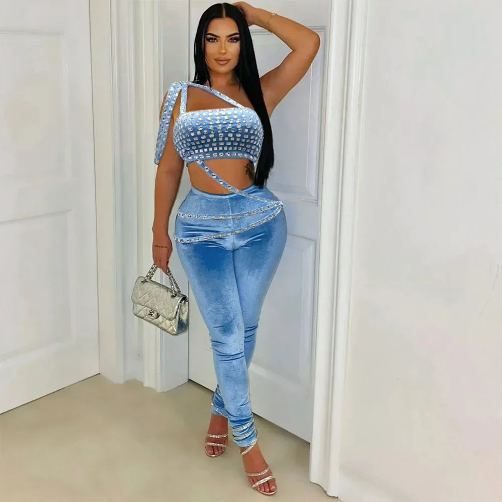 2024 Fall Women Set Velvet Diamonds Hot Rhinestones Strapless Top + Pencil Pants Suit Sets Two 2 Piece Set Party Outfits Blue