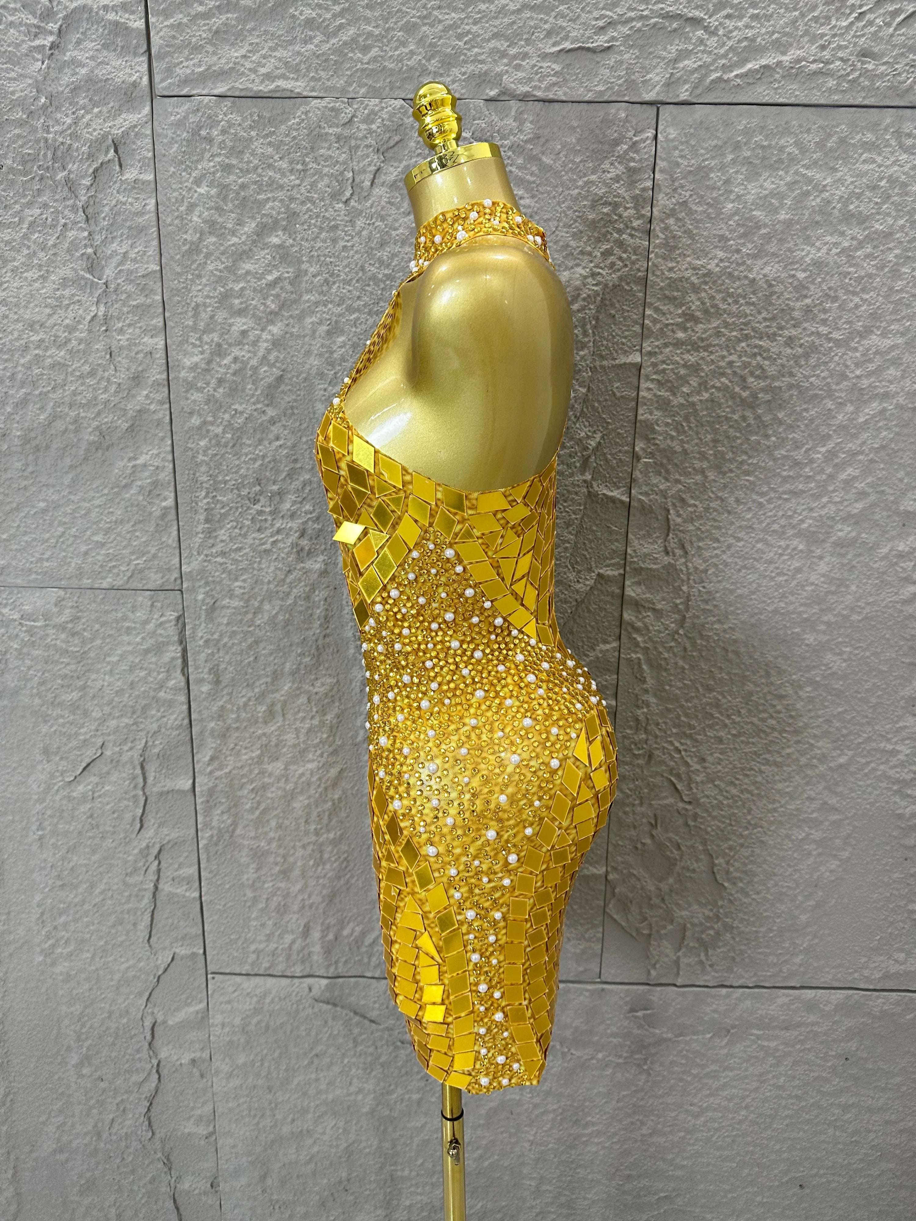 Luxury Gold Halter Neck Mini Dress Diamond Mirror Pearl Beaded Bodycon Nightclub Party Clubwear Outfit