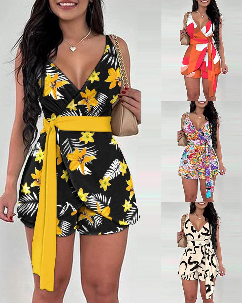 Women Floral Bandanna Printed Sashes Wrap Waist Strap V-neck Skirts Playsuit 2024 Chic Street One Piece Suit Romper