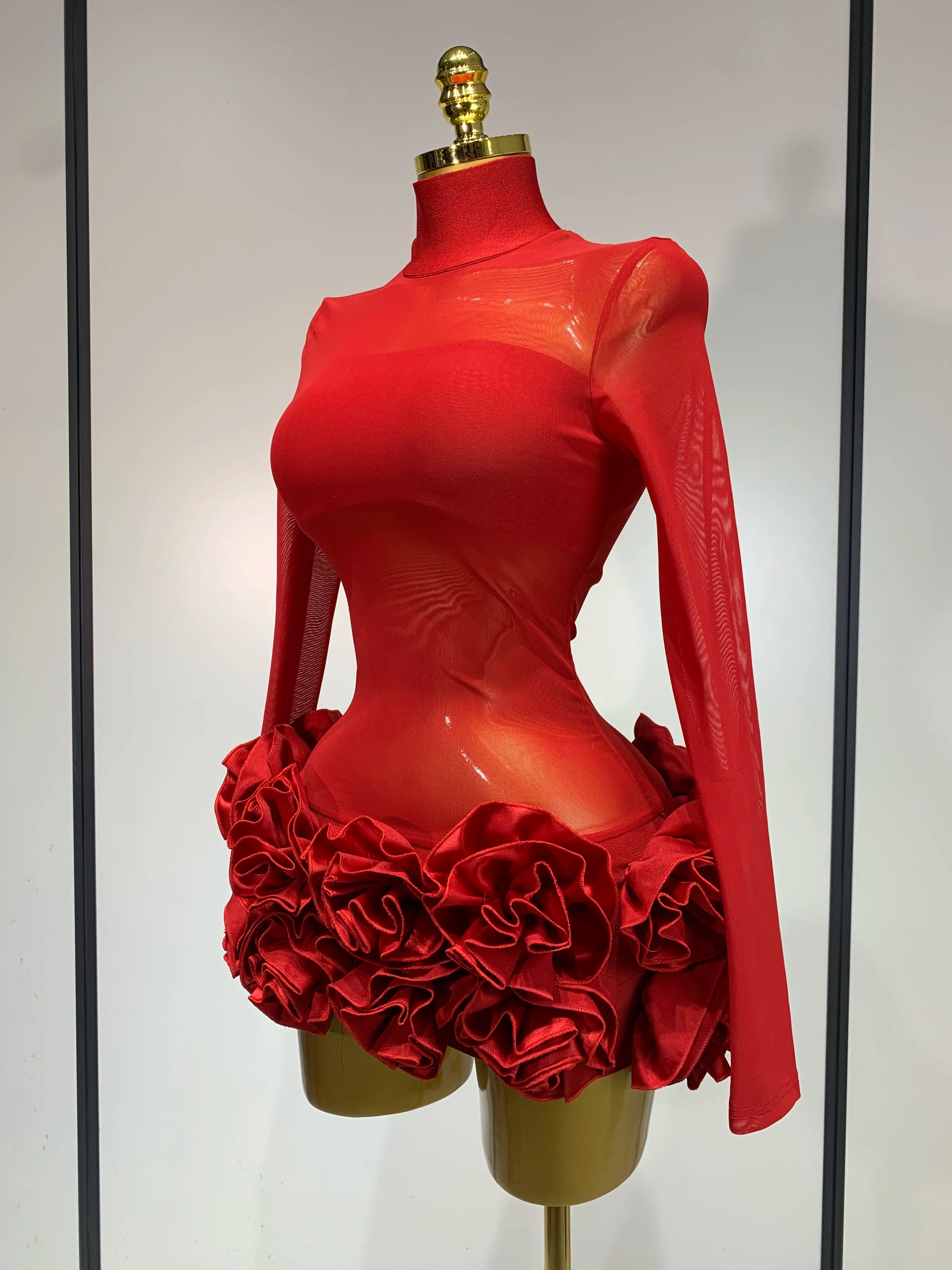 Women Sexy Mesh See through Stereoscopic Flowers Red Mini Bandage Dress Birthday Party Evening Dress Club Singer Perform Costume
