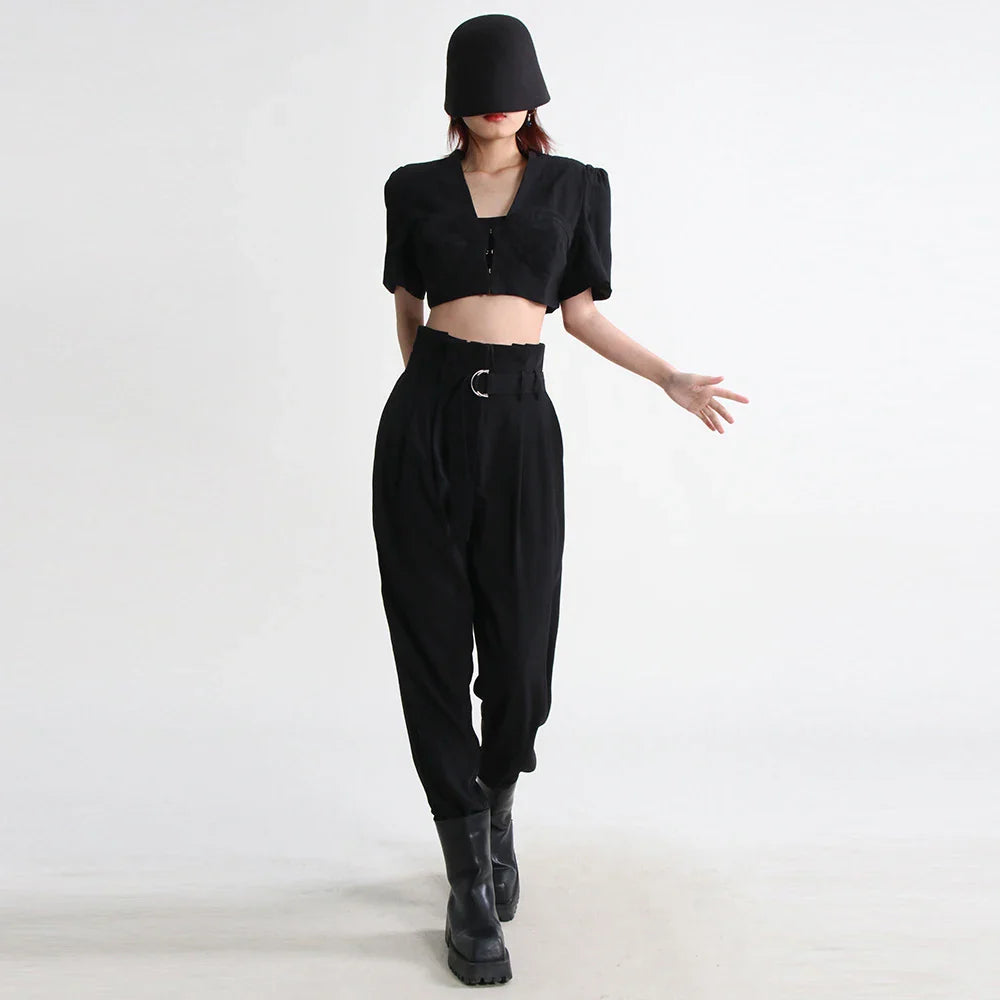 VGH Slim Two Piece Sets For Women V Neck Short Sleeve Crop Tops High Waist Spliceed Belt Wide Leg Pants Casual Set Female 2023 Black