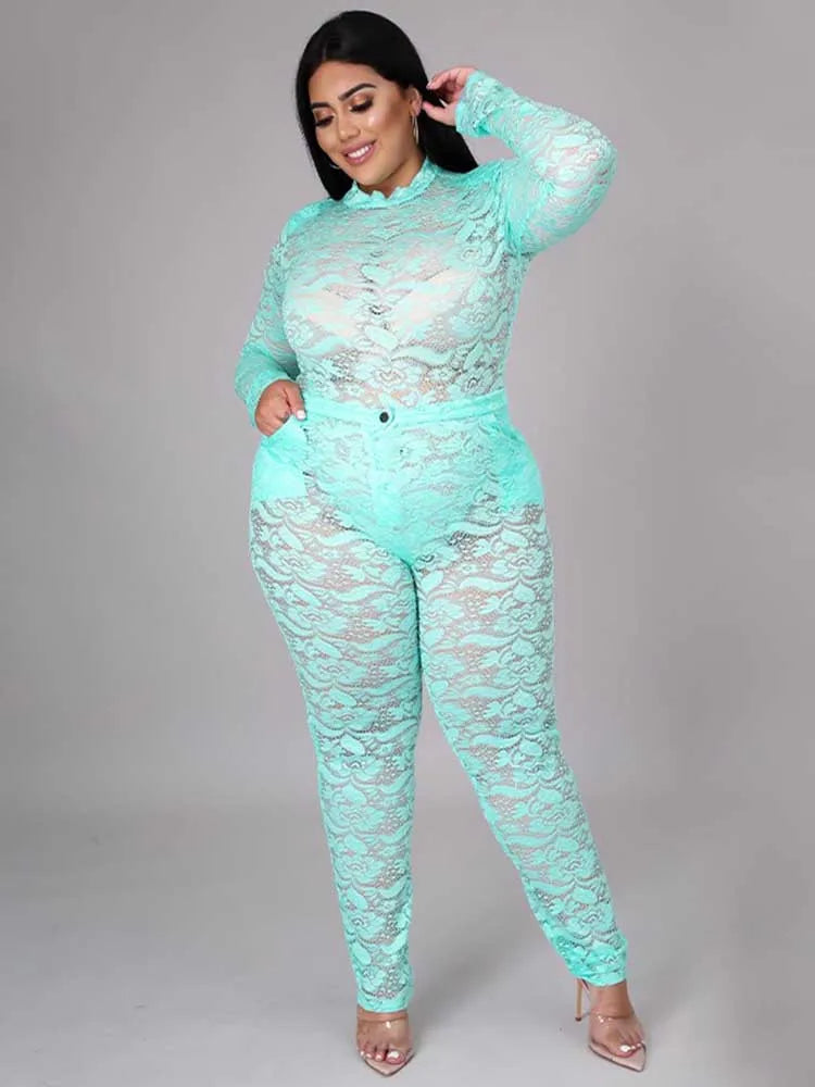 Chic and Elegant Woman Set Night Club Wear Plus Size Women Hot Outfit Transparent Lace Bodysuit and Pants Sexy Festival Outfit Mint