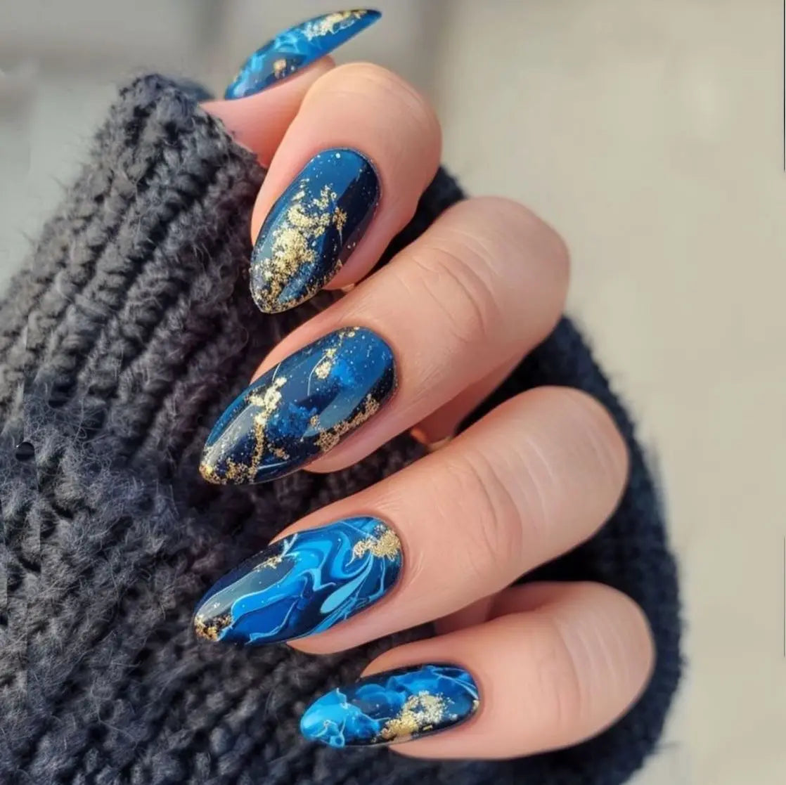 24Pcs Shading Gradient Deep Blue Press on Nails Stripes Almond False Nails with Jelly Glue Wearable Fashion Finished Nail Patch 2