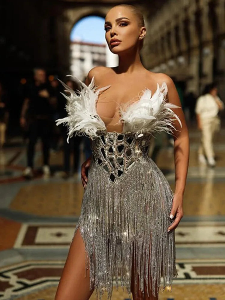 Women Summer Sexy Strapless Backless Mirror Feather Diamonds Sparkly Mini Bodycon Dress 2024 Elegant Evening Party Dress Vestido Silver
