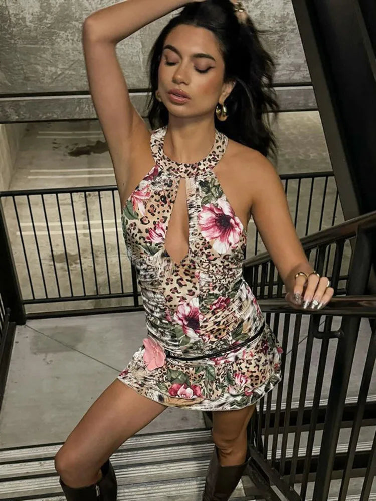 Hollow Out Halter Print Mini Dress For Women Robe Fashion Sleeveless Backless High Waist Ruffled Club Party Dress