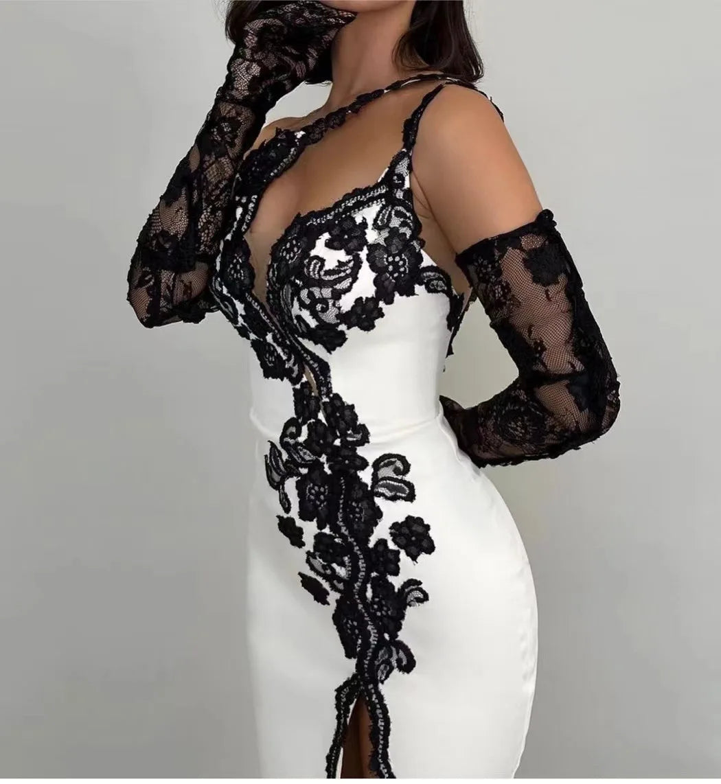 Women Sexy One Shoulder Black Lace High Split Bodycon Long Bandage Dress Celebrate Gloves Nightclub Party Outfit WHITE