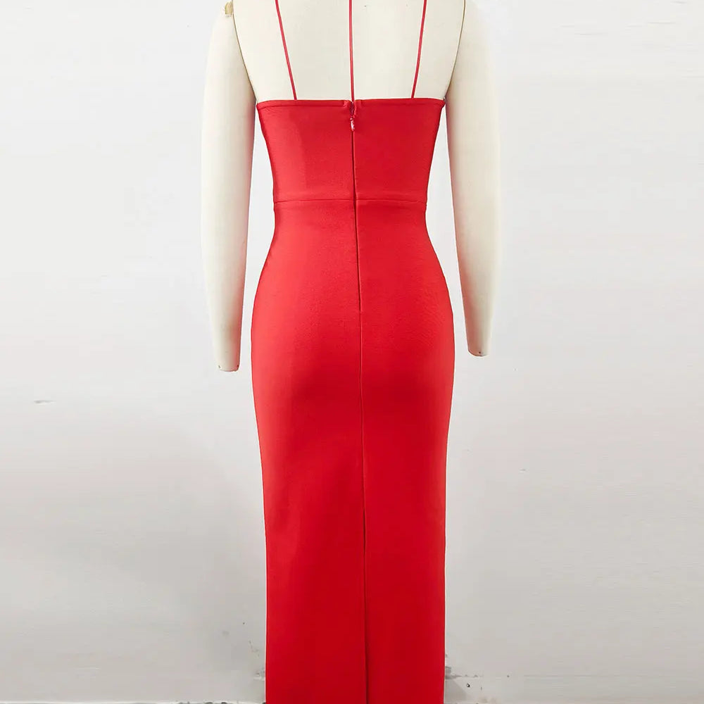 2025 Sexy Women'S Light Luxury Bead Design Red Bandage Dress Strapless Sleeveless Bodycon Backless Long Dresses Party Vestidos