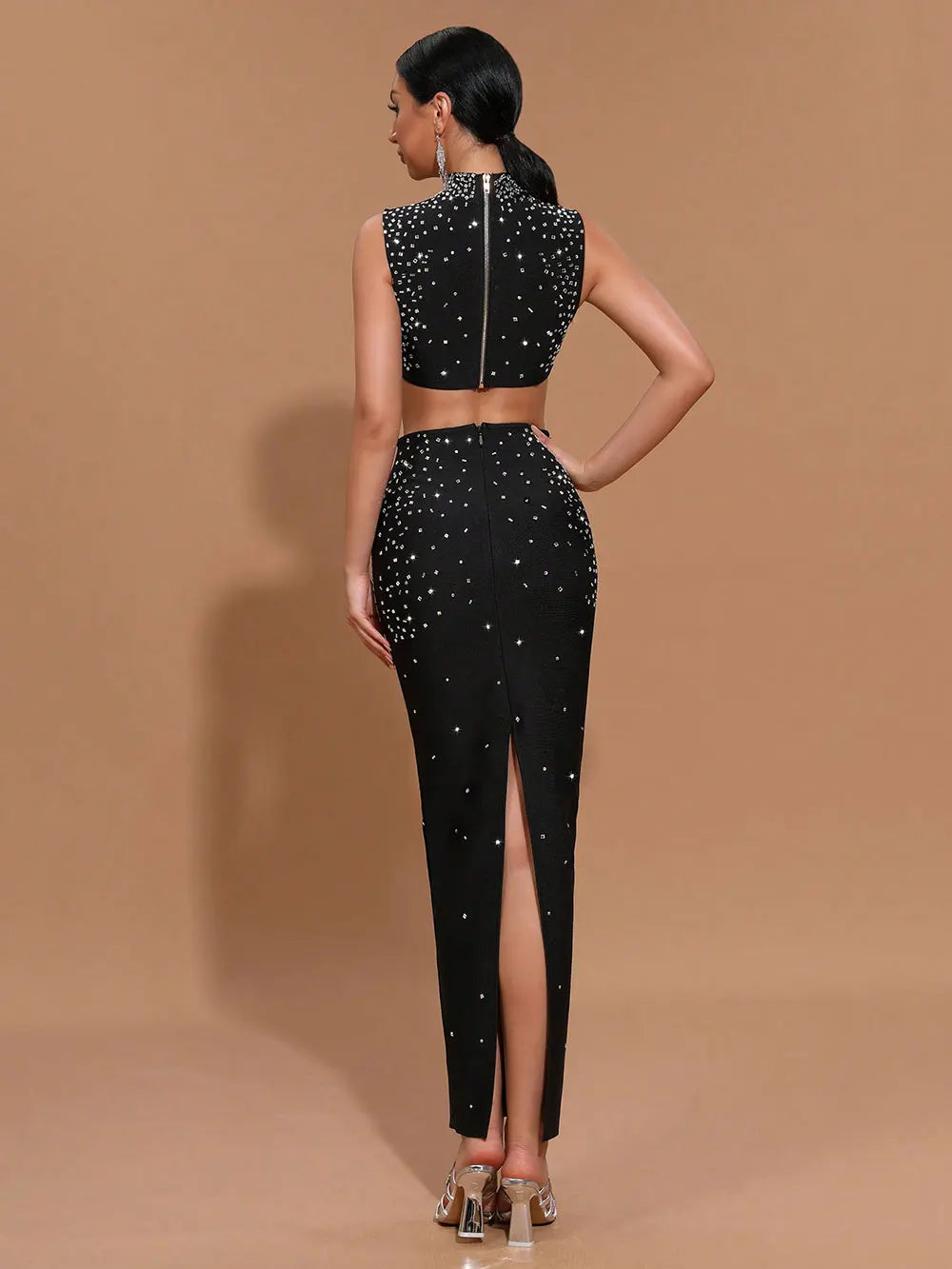 2025 Sexy Women'S Light Luxury Hot Stamping Design Long Skirt Bandage Set O-Neck Sleeveless Ultra Short Top+Skirt Two-Piece Set