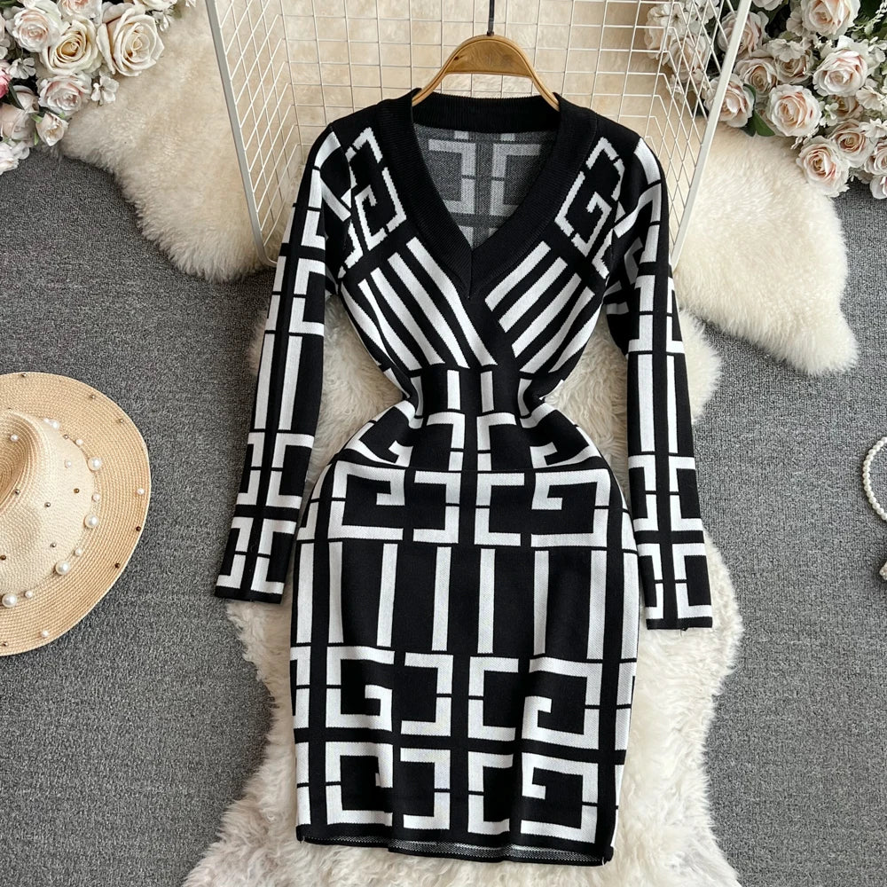 Women Dress Autumn Winter Long Sleeve Y2K Geometric Knitted Dress Lady Elegant Bodycon Sweater Dress Vestidos