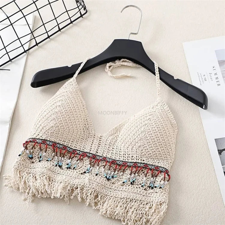 Retro Tops Wild Hollow Perspective Tassel Sexy Spaghetti Strap Women Built In Bra Back Lace Halter Neck y2k clothes corset top