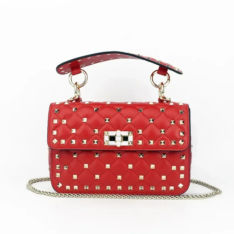 Fashion Women Sheepskin Leather Rivet Handbags Chain Bag Designer Shoulder Bags Luxury Woman Messenger Bags red 23CMx8CMx16CM