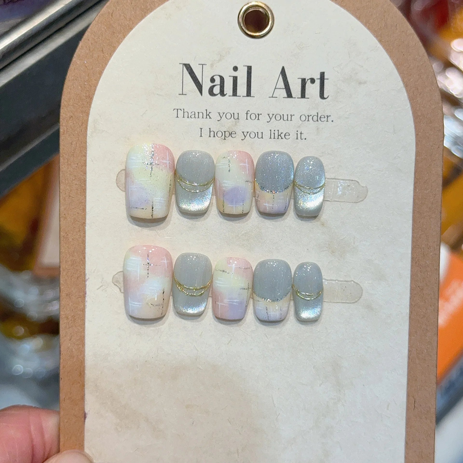 10Pcs Blue Cat Eye French Sparkling Nail Tips Charming Colored Press on Fake Nails Ballerina Short Full Cover Handmade Nails Set