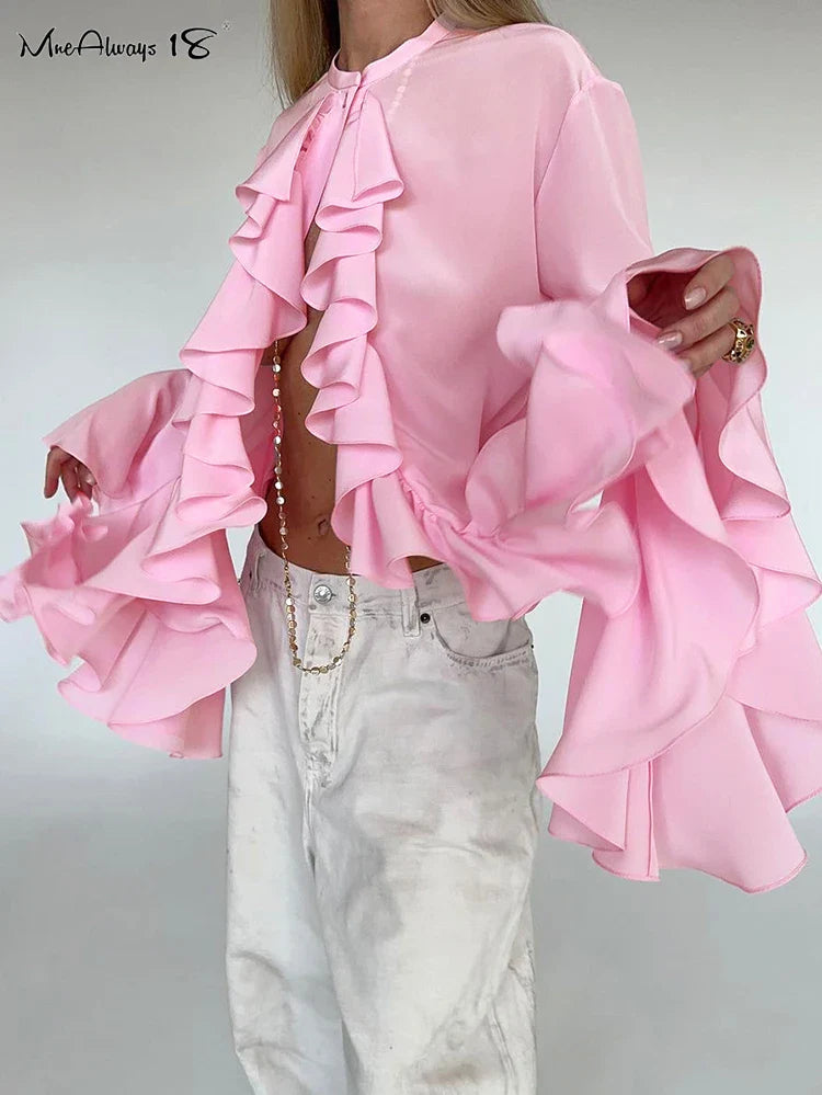 Mnealways18 Chiffon White Ruffled Shirts For Women Flare Sleeve Oversize Laminated Flounces Elegant Blouses And Tops Spring 2024