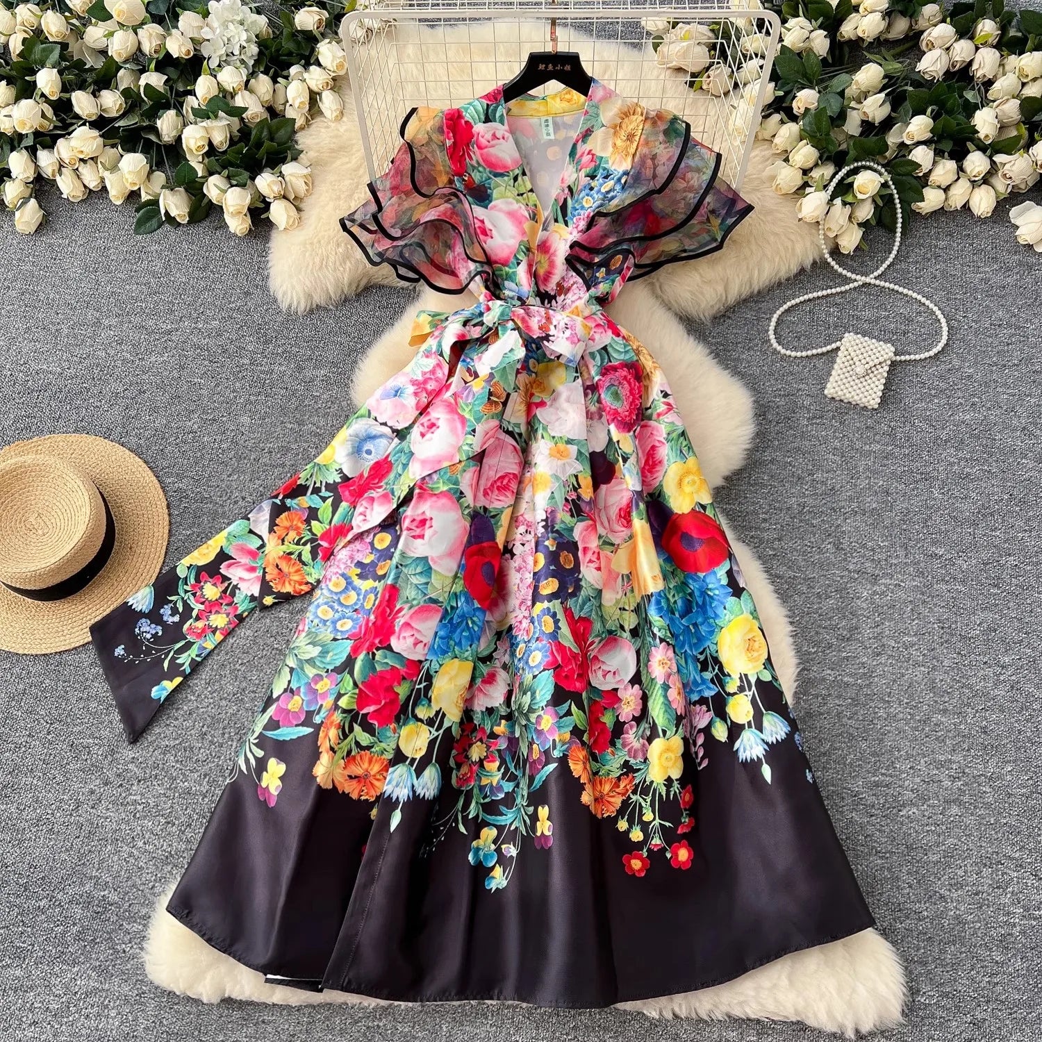Summer Bohemian Gorgeous Flower Long Dress Women V-Neck Layer Mesh Sleeve Floral Print Bandage Lace Up Robe Vestidos Clothes black