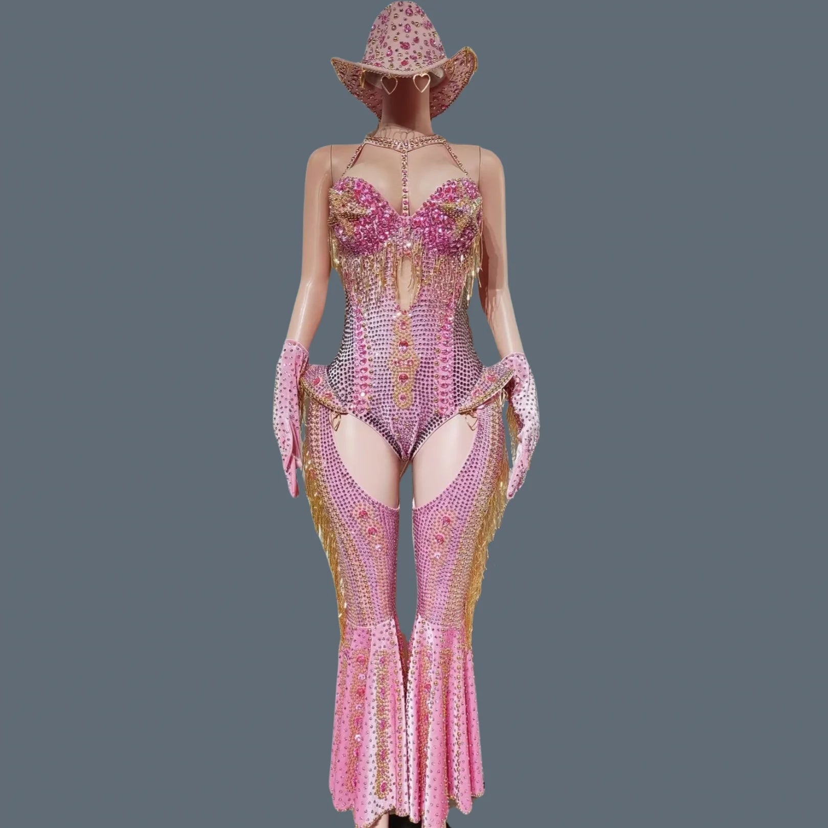 Sparkly Rhinestone Tassel Luxury Bodysuit 4Piece Set Cowboy Night Out Party Outfit Stage Show Jumpsuit Carnival Wear Hongding Pink Jumpsuit