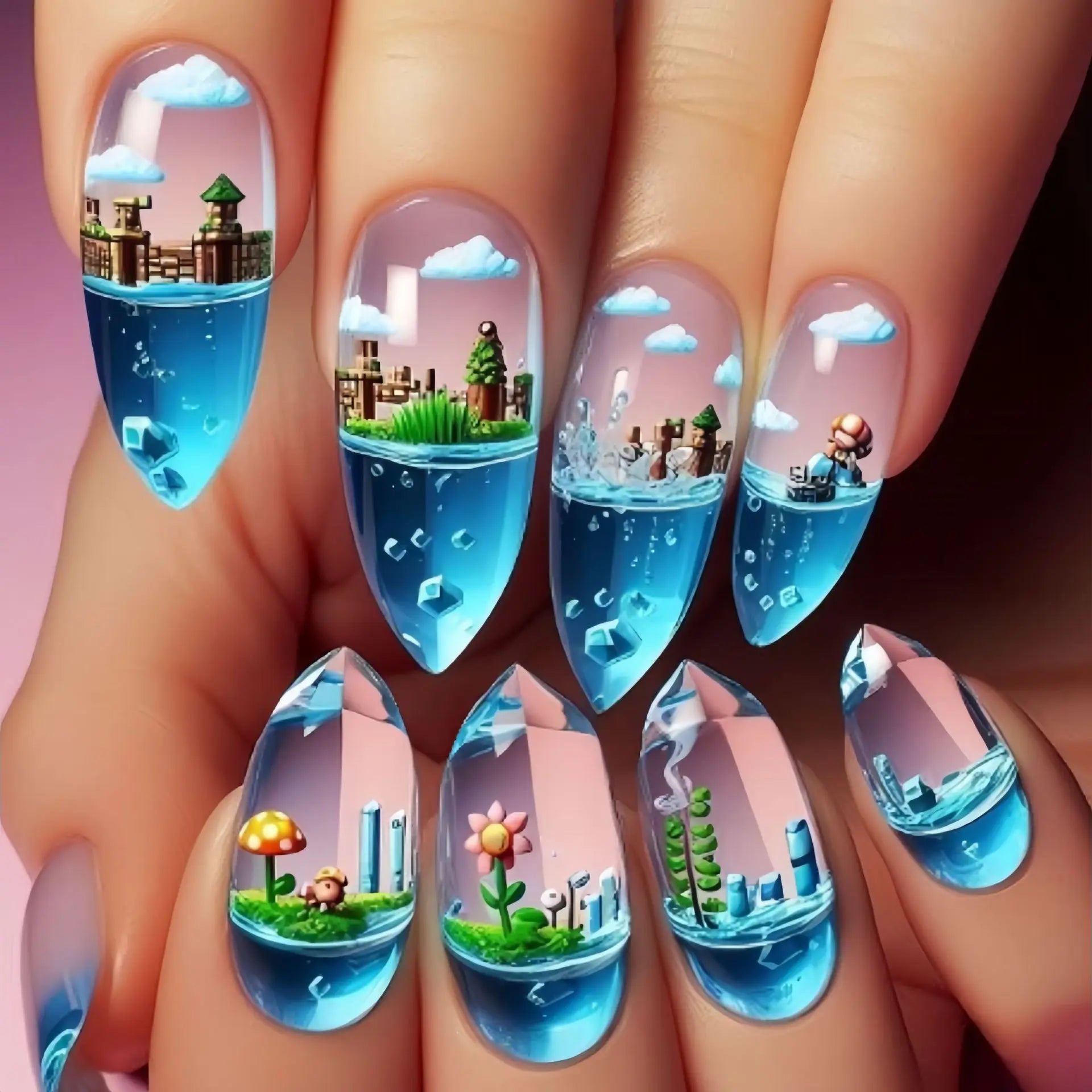 24pcs/set Medium long fake nails Gradient blue ocean fish sun flowers butterfly square ballet summer tips press on false nail 2382