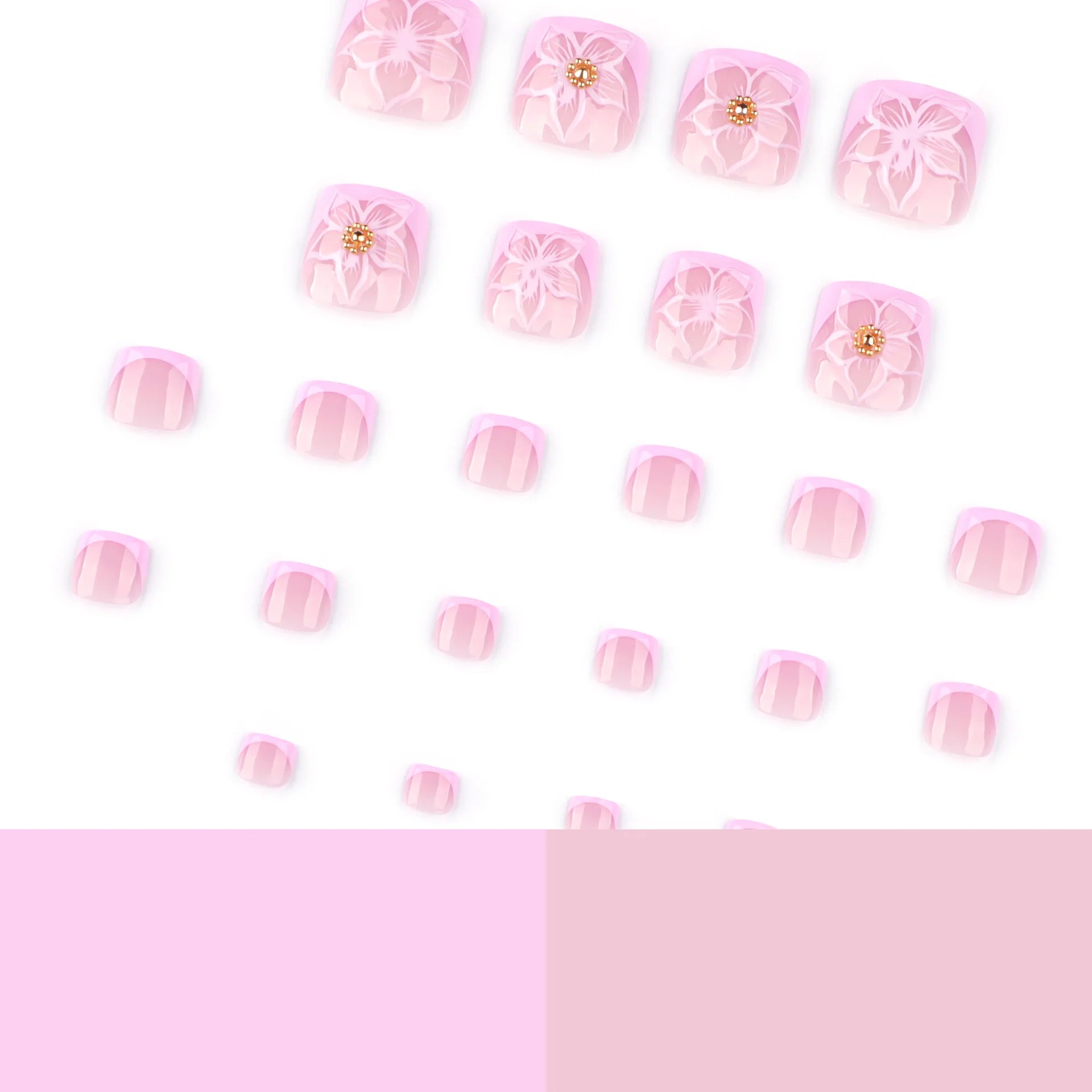 24pcs French False Toe Nails 3d Flowers Design Nail Art Press on Toenails Women Girl Wearable Ins Simple Square Fake Toenails