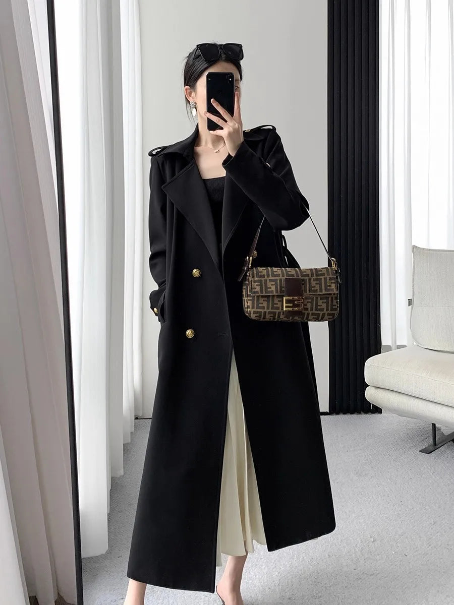 Lautaro Spring Autumn Long Black Trench Coat for Women Gold Buttons Double Breasted Elegant Chic Luxury Designer Clothes 2025