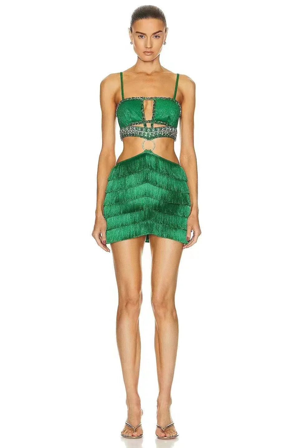 2024 New Green Color Women Sexy Strap Bodycon Mini Bandage Dress Tassels Shinning Crystal Nightclub Party Celebrate Dress green