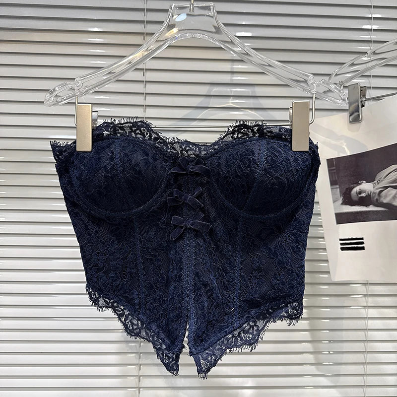 DEAT 2026 Spring New Fashion Sweet Bow Lace Edge Fishbone Chest Pad Strapless Vest For Women Backless Tank Tops Female 11A07820 Navy Blue