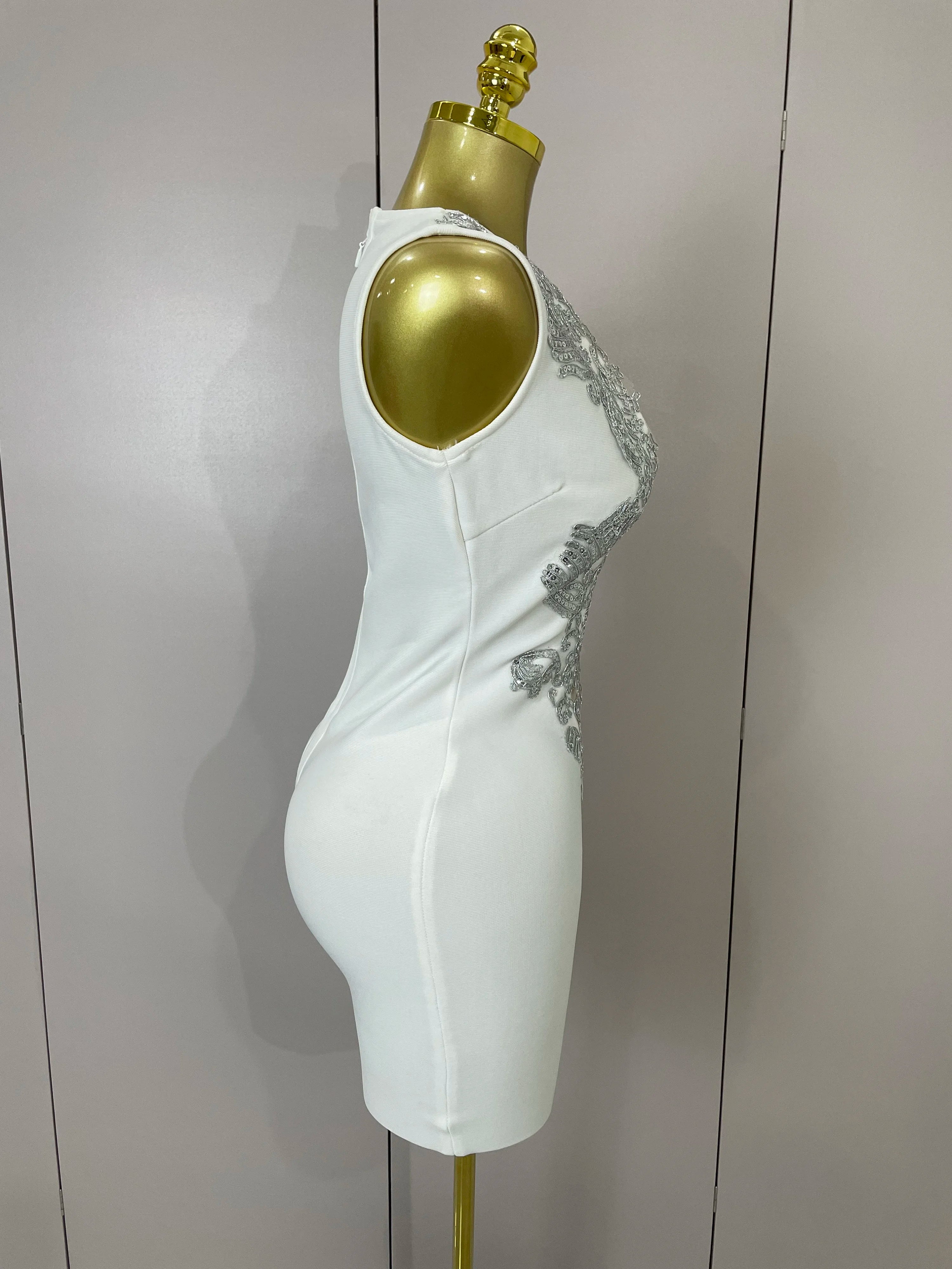 Sexy Silver Sequin White V Neck Cut Out Short Bandage Dress Women 2025 New Elegant Luxury Birthday Party Club Wedding Vestidos