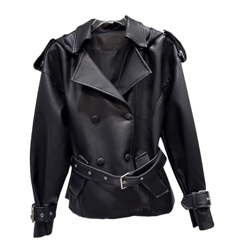 Winter New Fashionable Street Style Double-Breasted Belted Waist PU Leather Hooded Jacket For Women Coat 11A07952