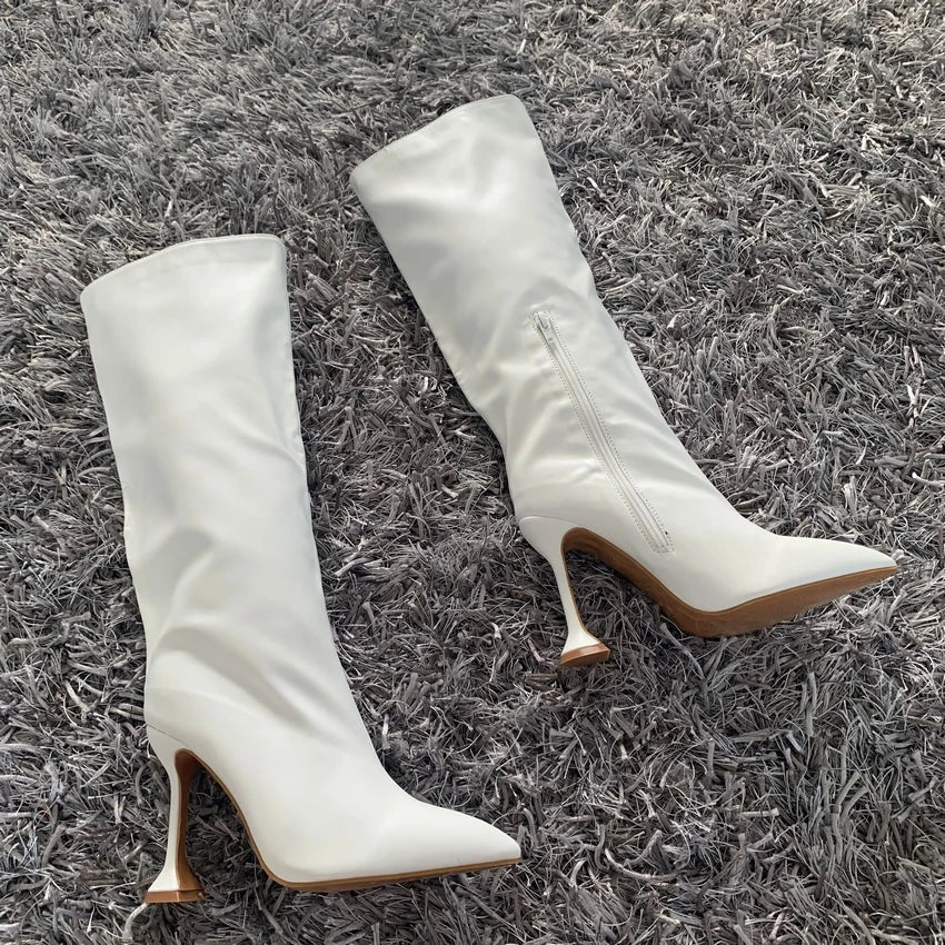 Women's Knee High Boots Pointed Toe Long High-heeled Boots Designer Luxury Brand Women's Leather Boots