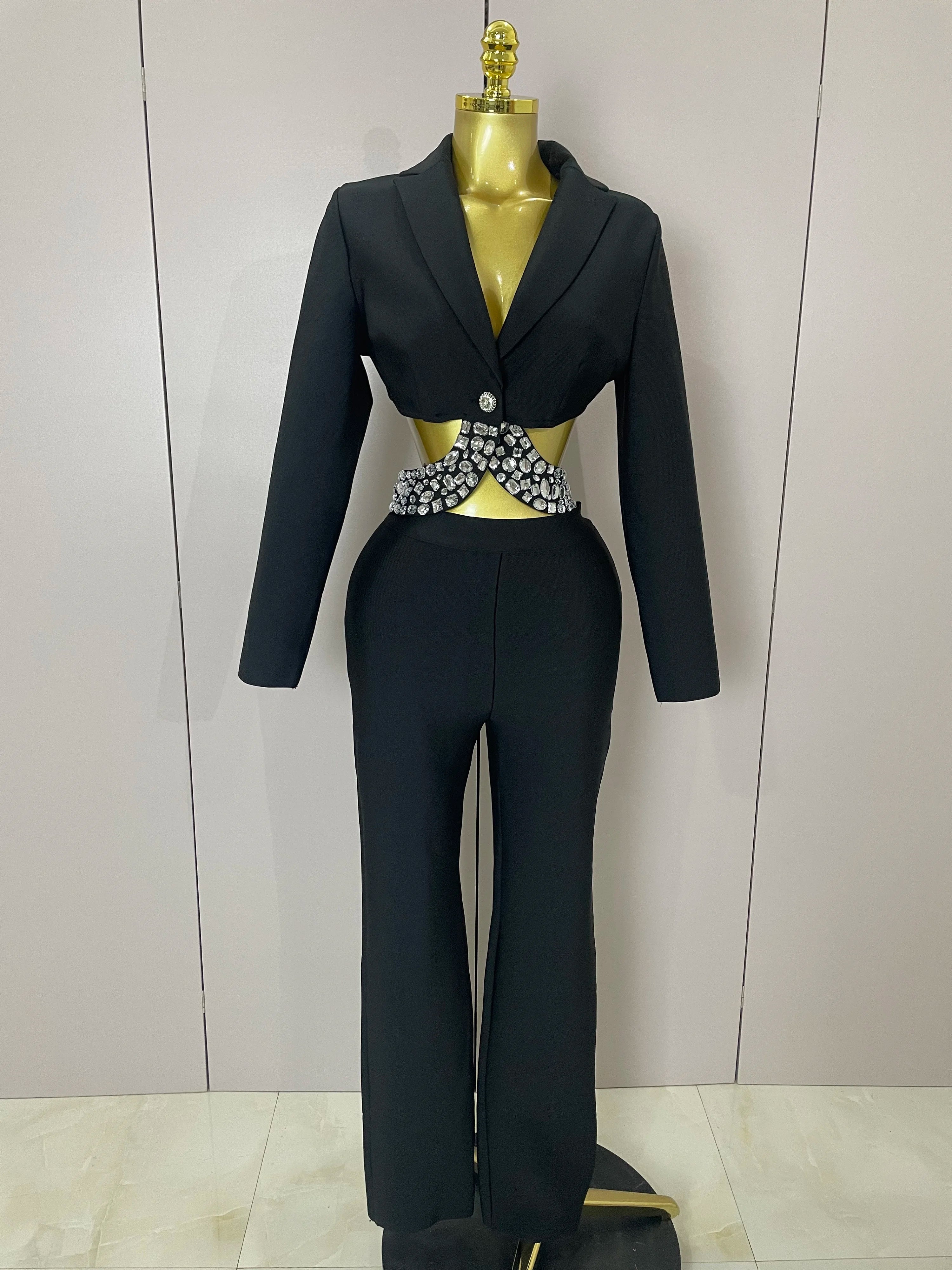Sexy Cut Out Long Sleeve Beading Bodycon Two Pieces Pants Bandage Set Women Celebrity Designer Fashion Women Luxury Birthday Set black