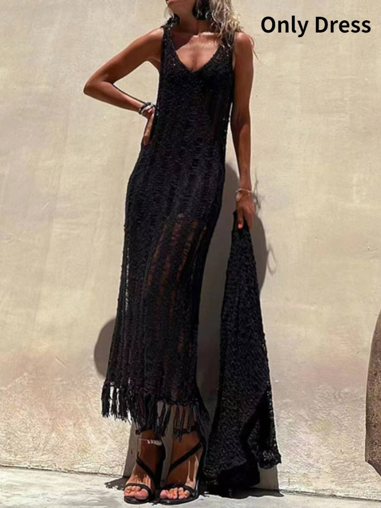 Summer Beach Clothes - Fringe Tassel Knitted Cover Up Cover-ups Beach Wear Sexy Vestidos Hollow Out Robe Long Dress Slit black dress