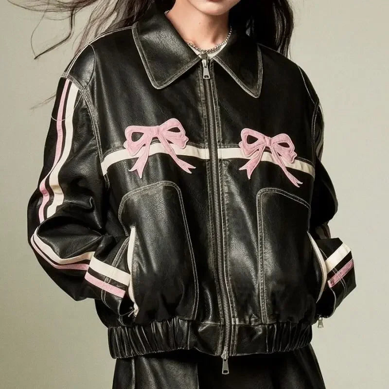 Pu motorcycle Coat Faux Leather Jacket for Women Spring Autumn Fashion Vintage V Neck Female High Street Casual Ladies Outwear Black bowknot
