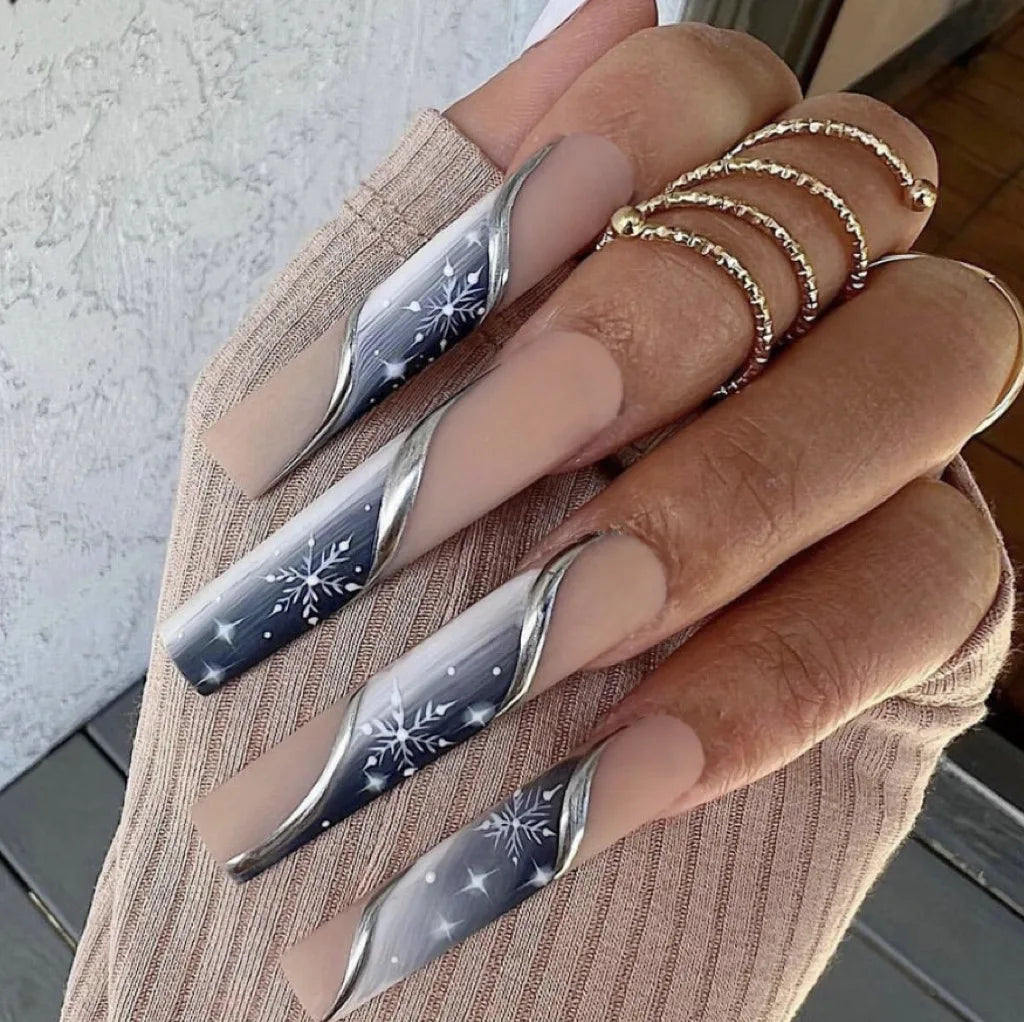 24pcs Pink Santa Claus False Nails Merry Christmas Snowflake Press on Nails Wearable European Long French Ballet Fake Nail Tips