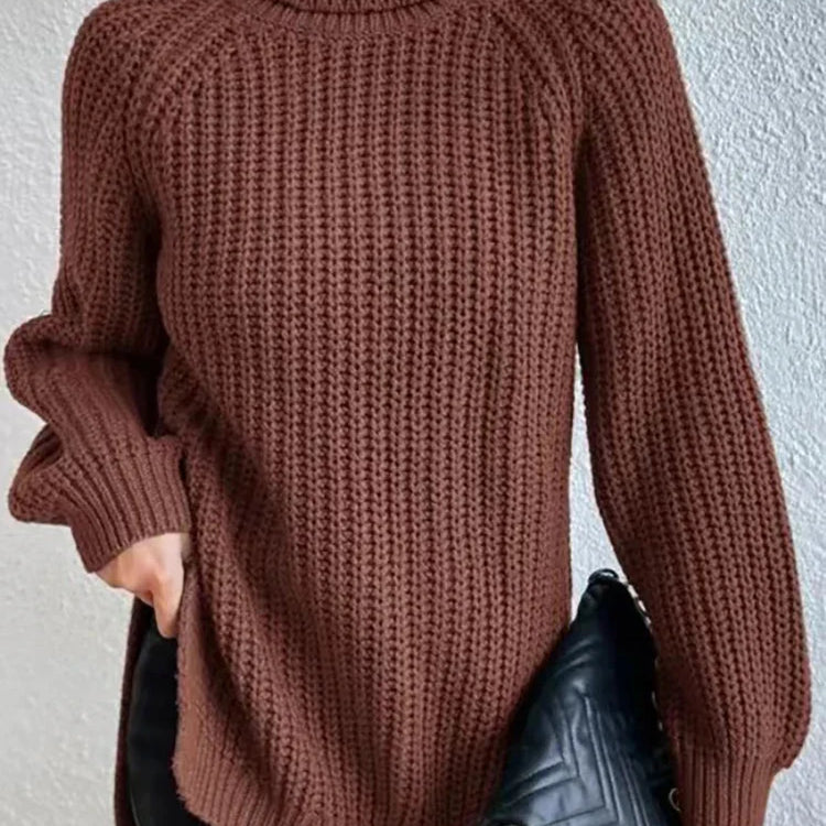 Women Winter Turtleneck Loose Sweater Elegant Drop Sleeve Side Split Pullover Vintage Harajuku Chic Jumpers Oversized knit Tops Brown