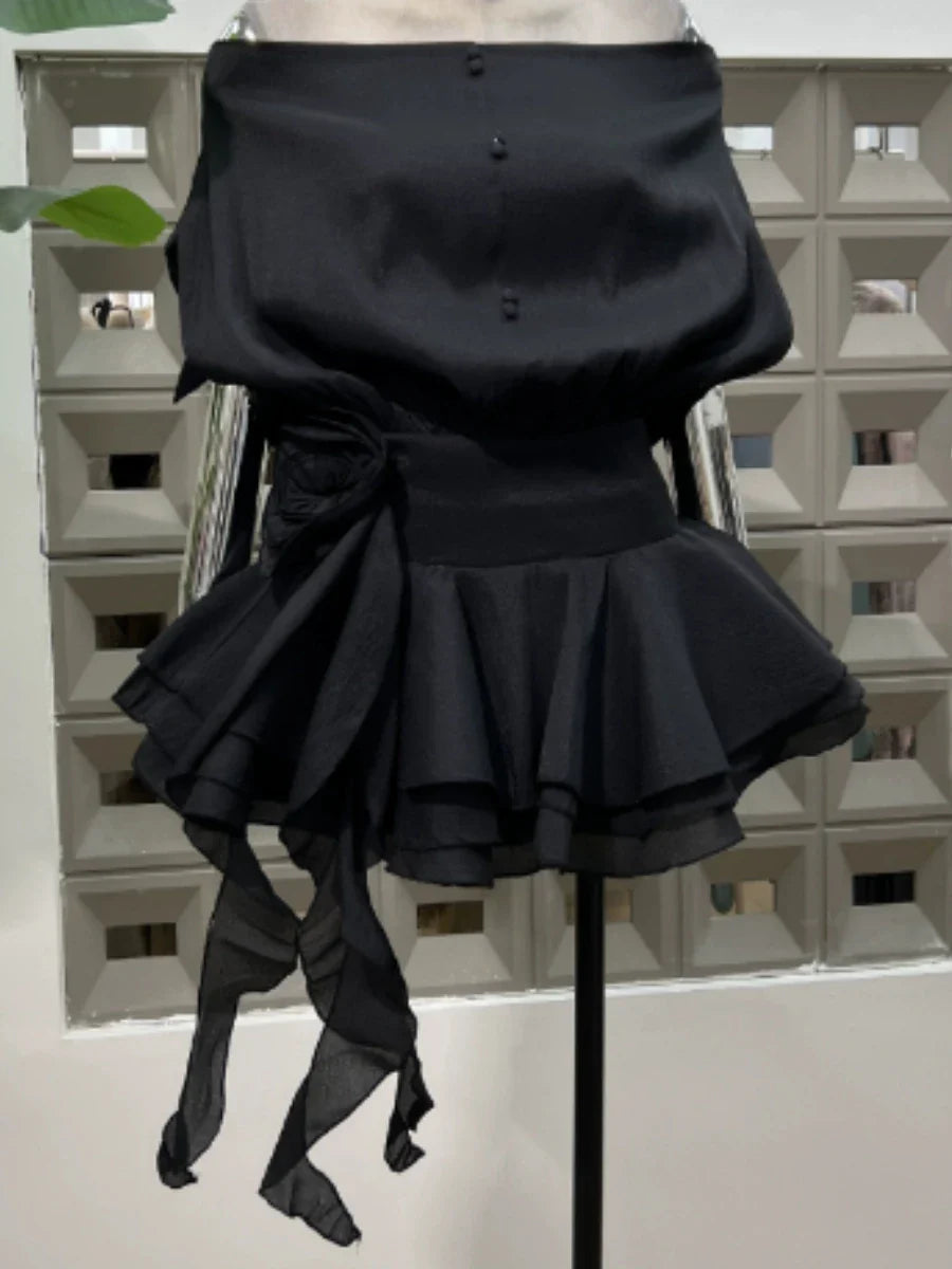 Solid Loose Spliced Ruffles Mini Dresses for Women Slash Neck Sleeveless Patchwork 3D Flower Dress Female Clothing BLACK