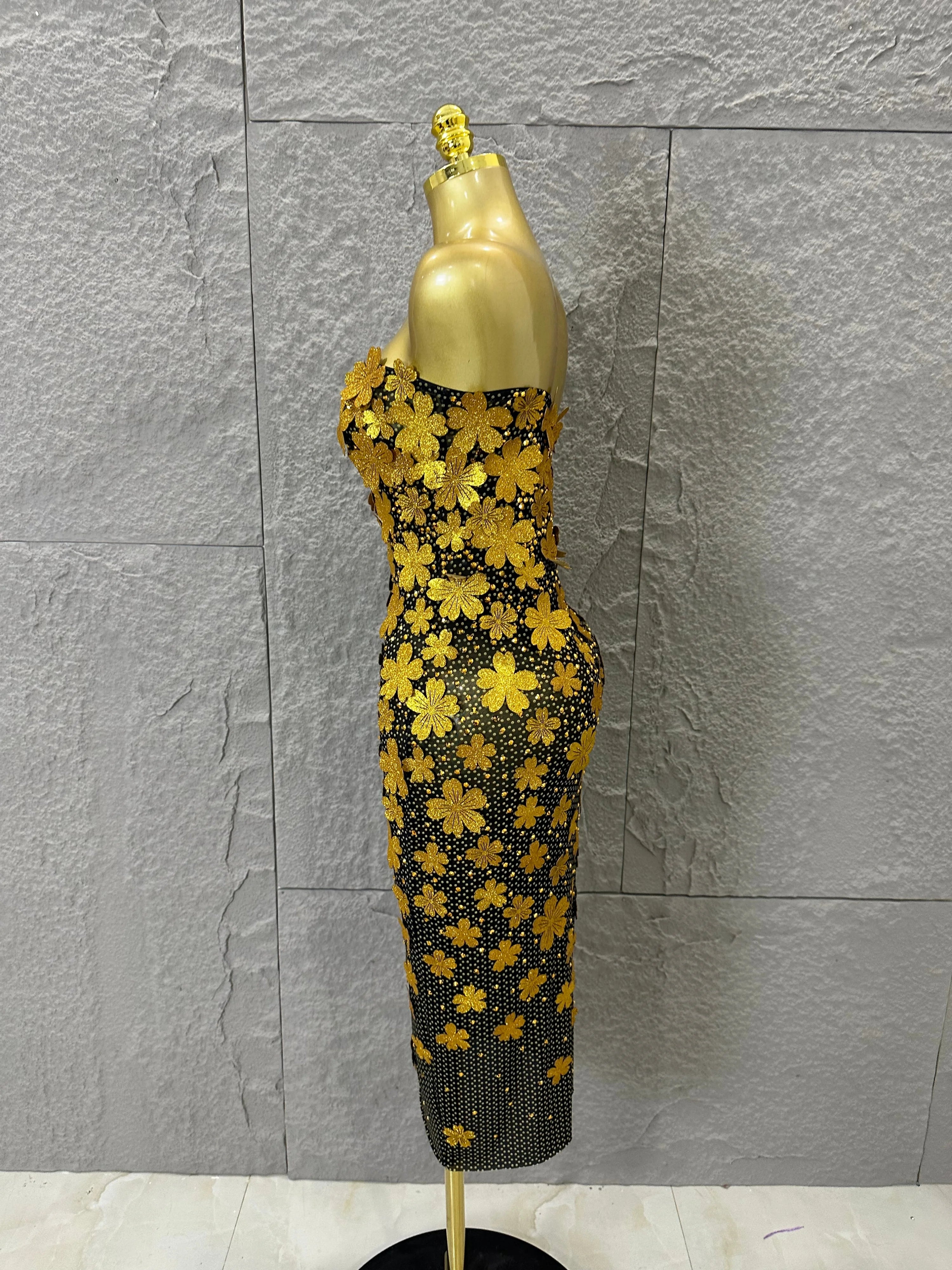 Sparkly Women Sexy Strapless Slim-fit 3D Flower Evening Gala Party Nightclub Cocktail Party Stage Performance Costume