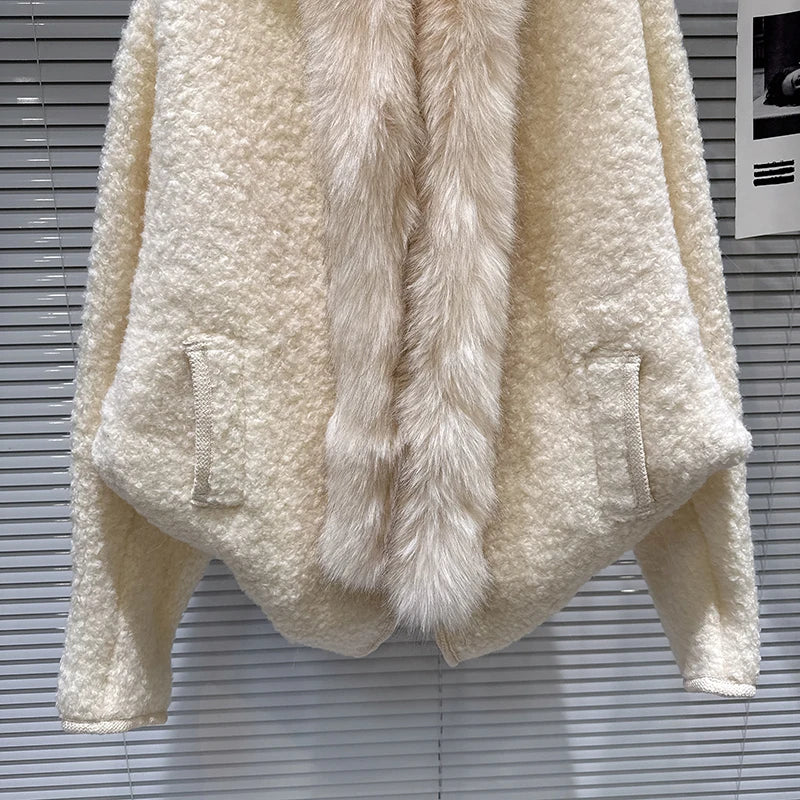 Winter New Lazy Style Furry Edge Fleece Loose Batwing Shawl Short Coat For Women Jacket Female 11A07763