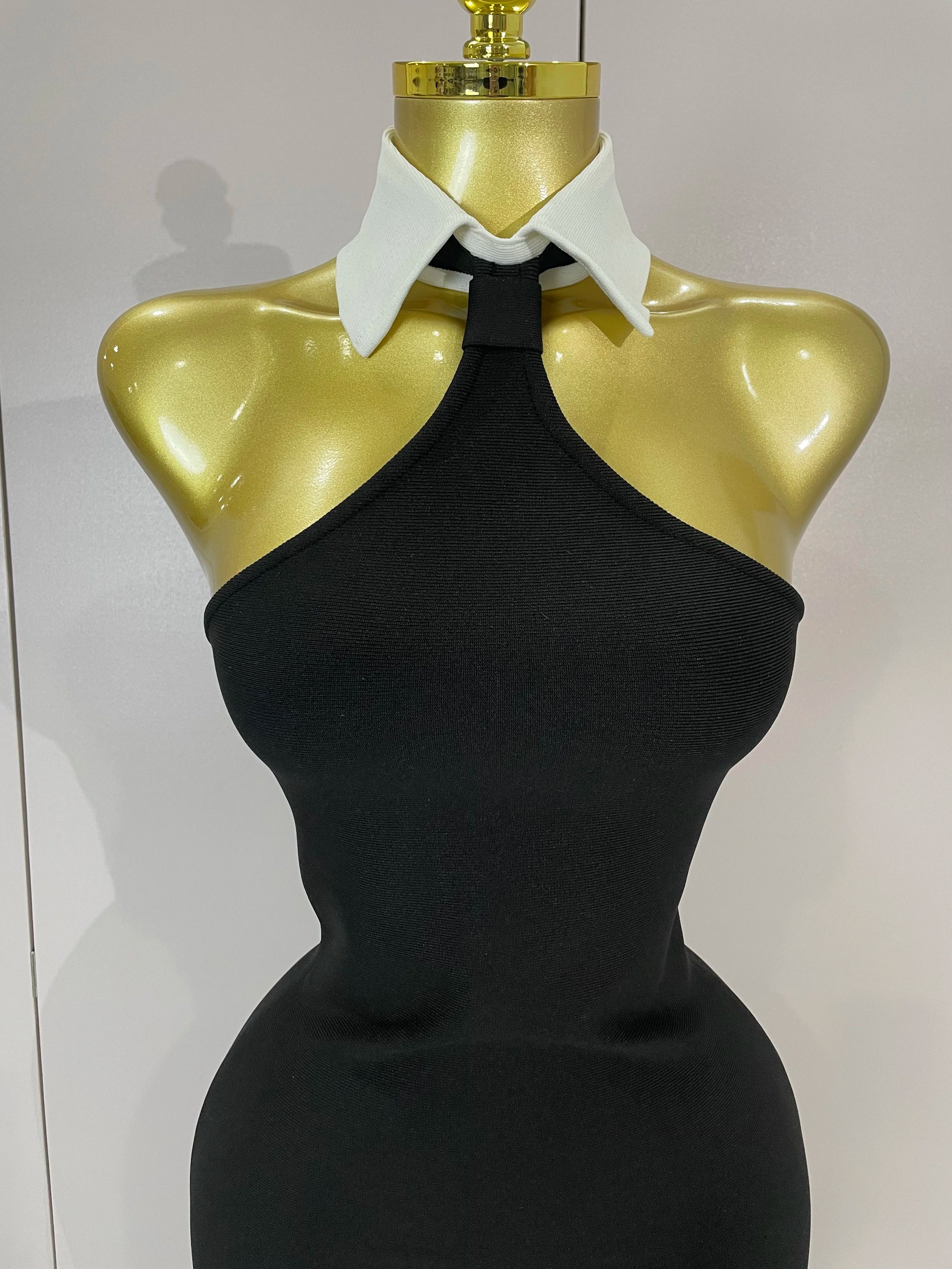 Sexy Backless White Shirt Collar Black Mini Bodycon Bandage Dress 2025 Women Elegant Evening Club Party Luxury Birthday Dresses