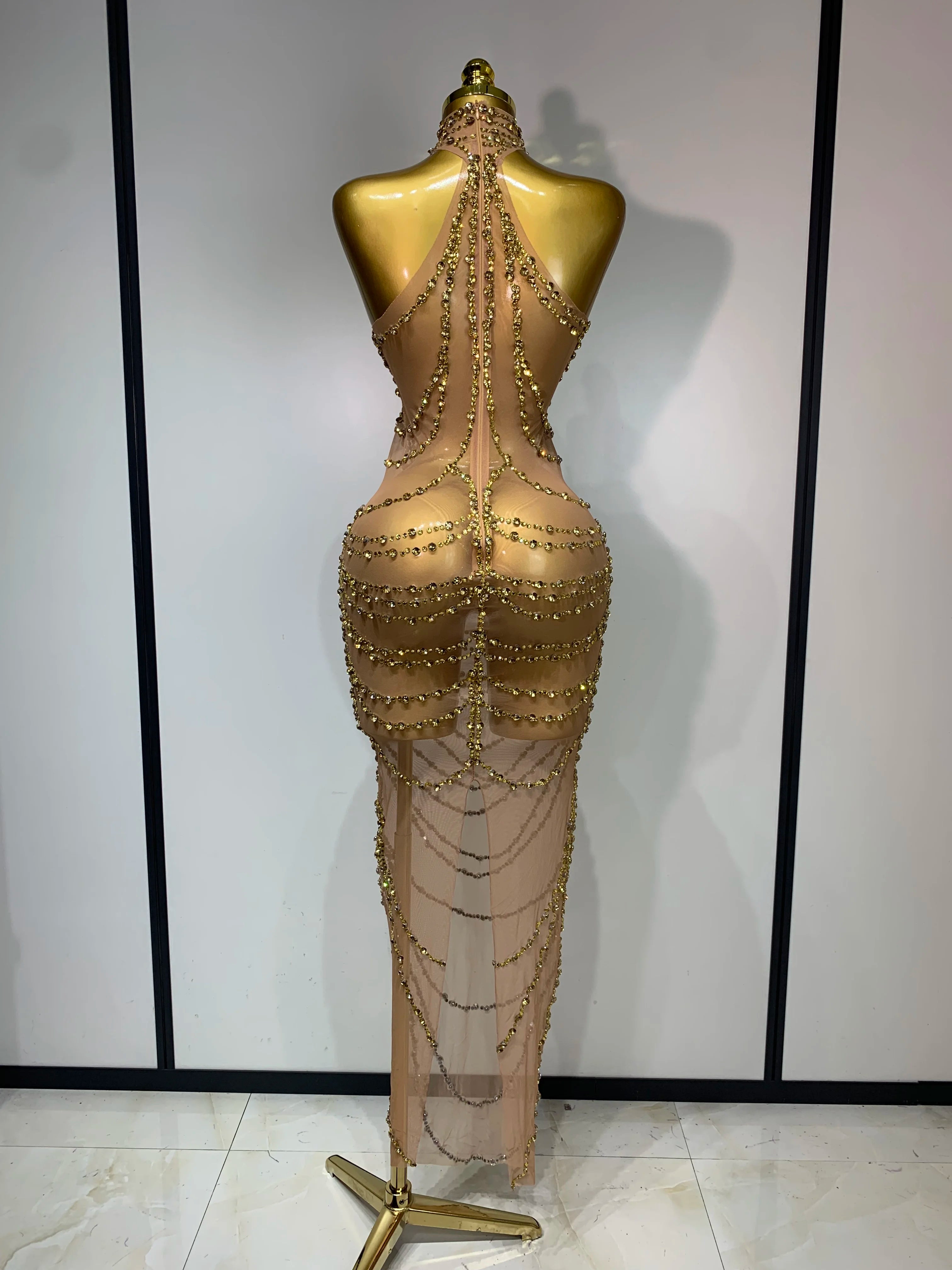 Sparkly Rhinestone Sexy Transparent Mesh Long Dress 2025 Women Luxury Birthday Club Party Gown Stage Singer Performance Costume