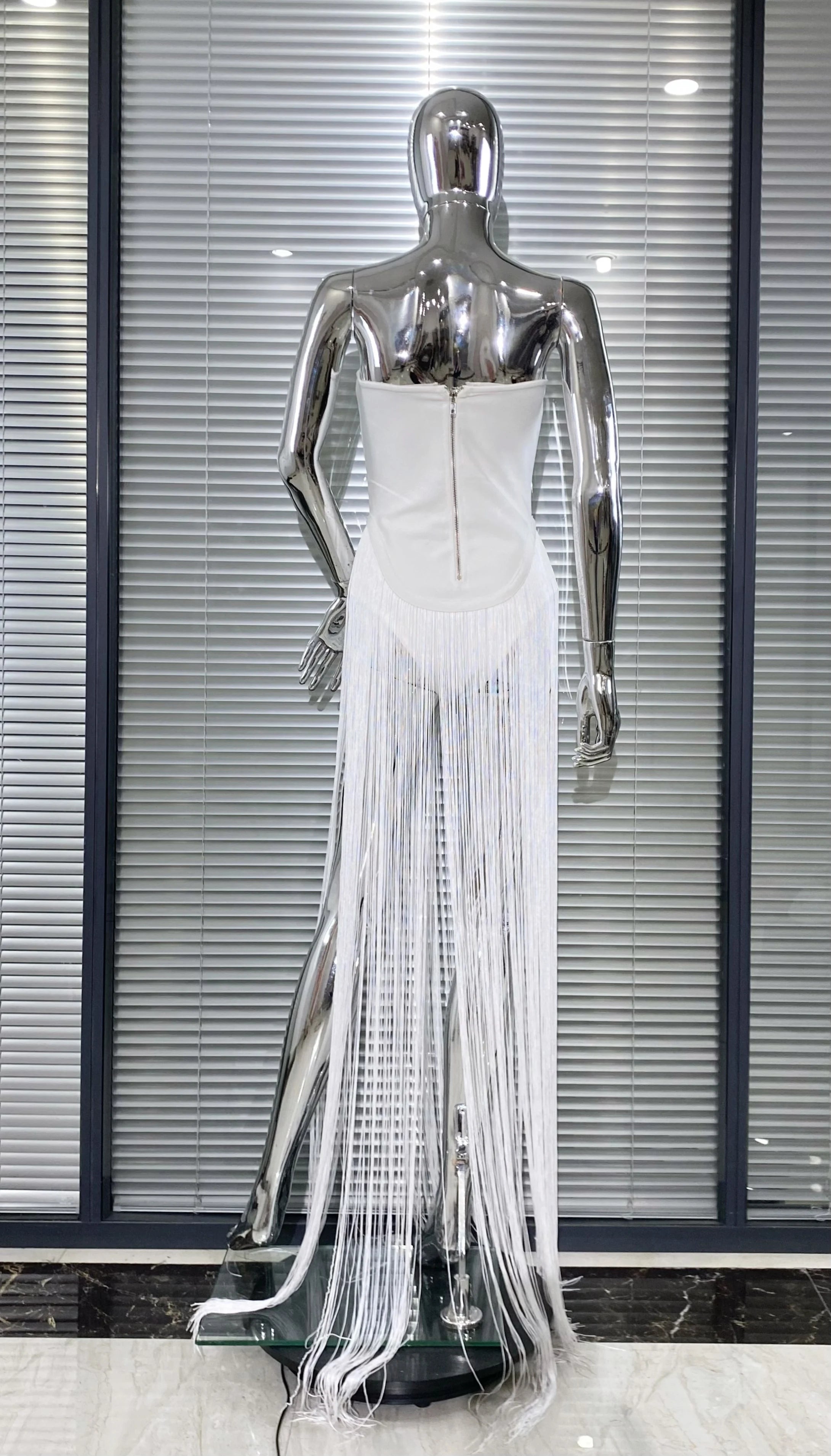 Summer White Color Long Tassel Strapless Bandage Jumpsuit Fashion Woman Party Bodysuit Vestido Performances Costume