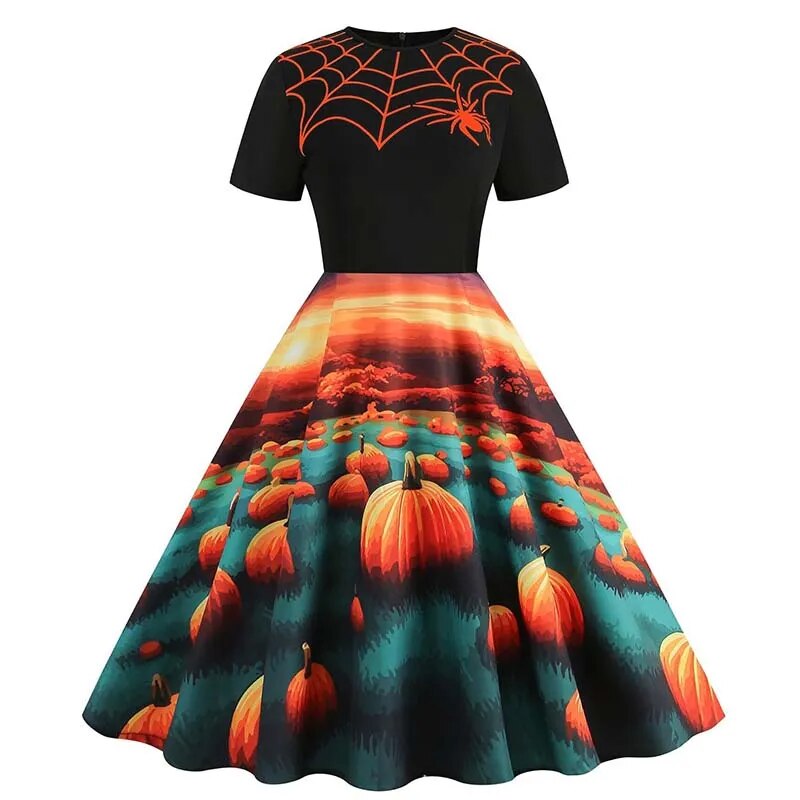 Women Halloween Costumes Dresses Short Sleeve Print 2024 Autumn Winter Vintage Party Dress Vestidos 003