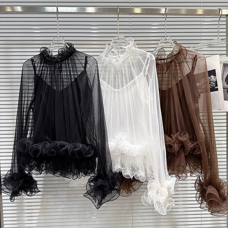 Winter New Items Style Elegant Ruched Lace Inner Camisole Chiffon Blouse For Women Loose Versatile Shirts 11A07896