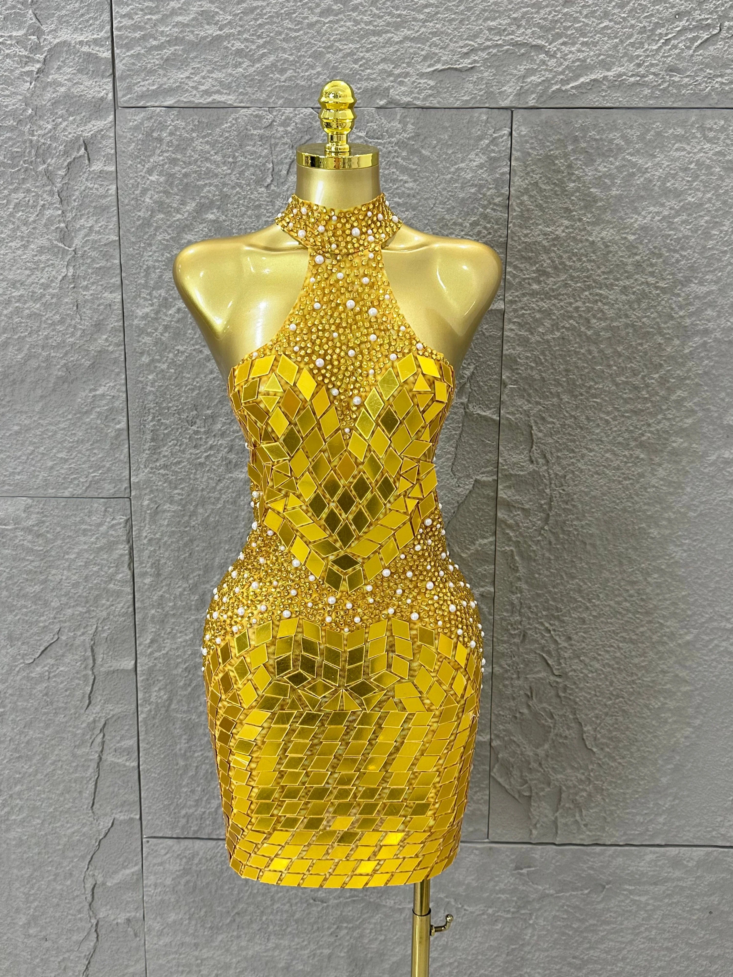 Luxury Gold Halter Neck Mini Dress Diamond Mirror Pearl Beaded Bodycon Nightclub Party Clubwear Outfit Gold
