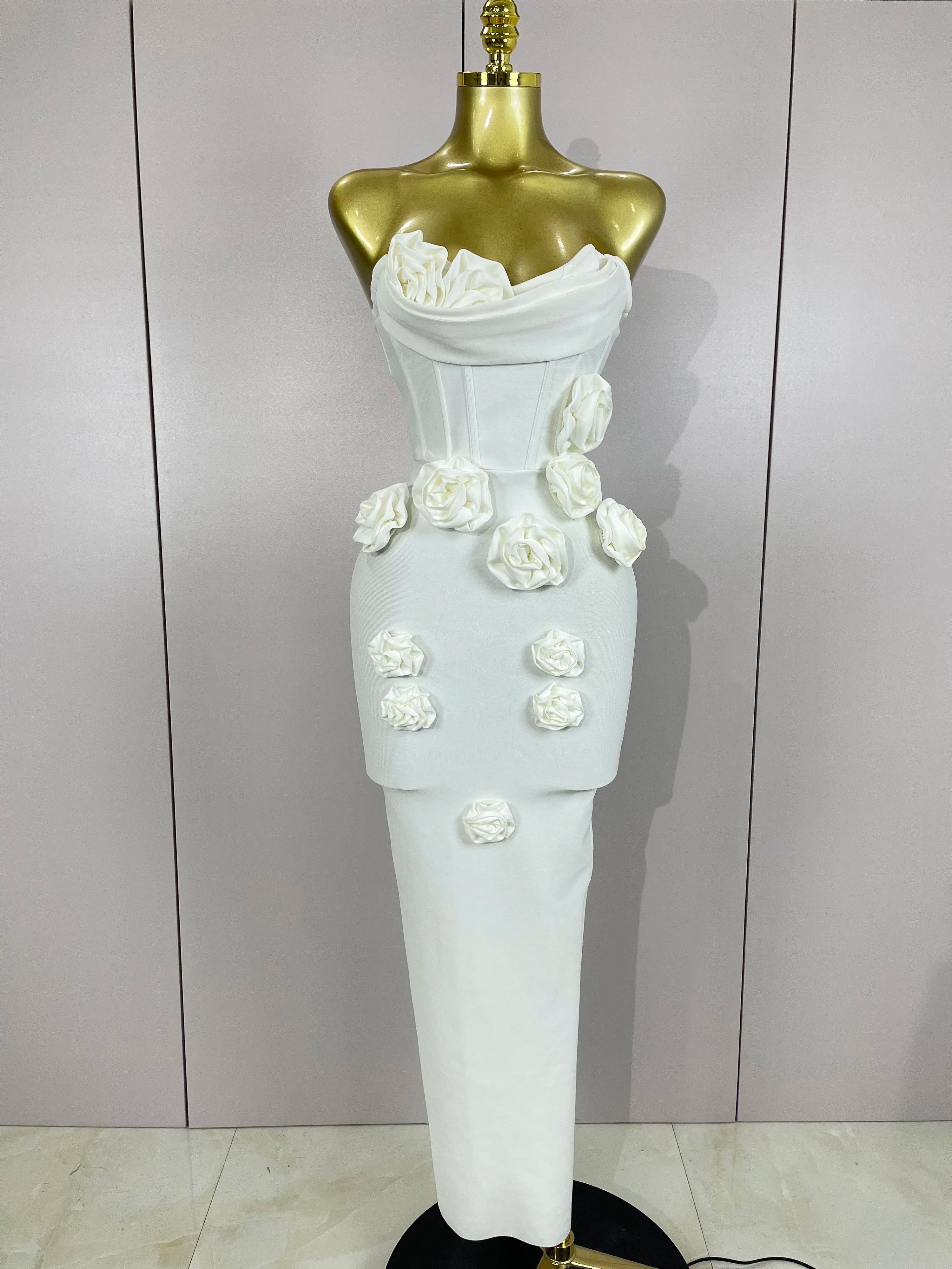 Sexy Fashion White Elegant Strapless Flower Bodycon Long Dress Women Casual Streetwear Club Birthday Party Slim Elegangt Dresses WHITE