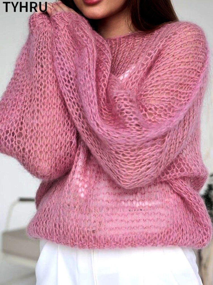 TYHRU – pull tricoté en maille ajourée pour femme, pull fin, transparent, manches lanternes, hauts amples, Smock