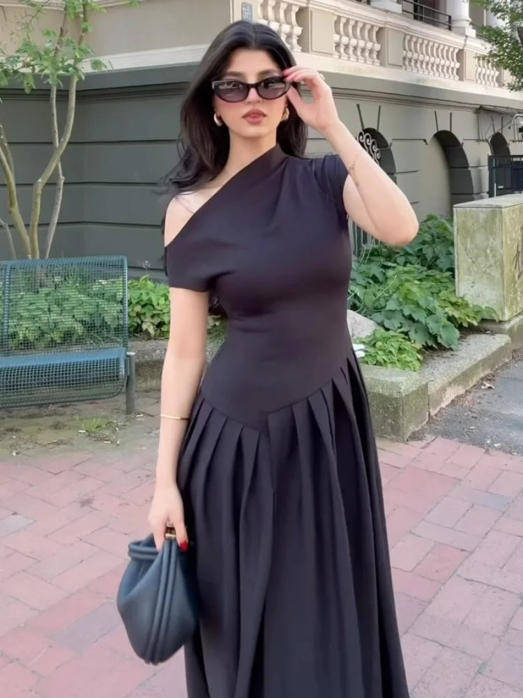 Chic Off Shoulder Irregular Neck Women's Dress Elegant High Waist A-line Hem Pleated Midi Dresses New Summer Lady Commuting Robe black