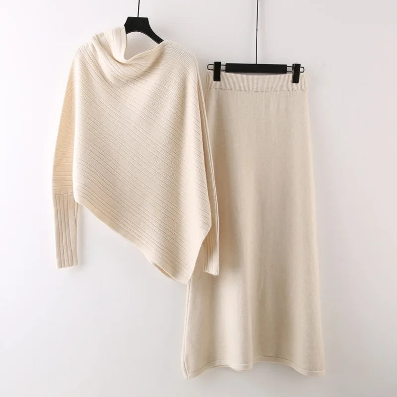 Autumn Winter Fashion Style Asymmetrical Batwing Sleeve Loose Knit Cardigan Elastic Waist Skirt Set For Women 11A07541